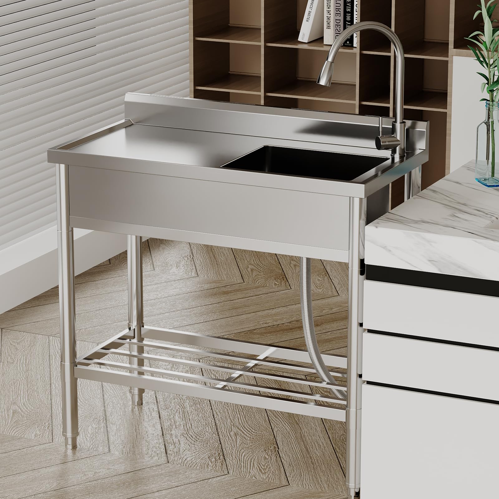 Stainless Steel Utility Sink,40 Inch Free Standing Single Bowl Sink, Commercial Kitchen Sink Drawer Cold Hot Water Pipe Indoor Outdoor Farmhouse Garag Stainless Steel Utility Sink,40 Inch Free Standing Single Bowl Sink, Commercial Kitchen Sink Drawer Cold Hot Water Pipe Indoor Outdoor Farmhouse Garag