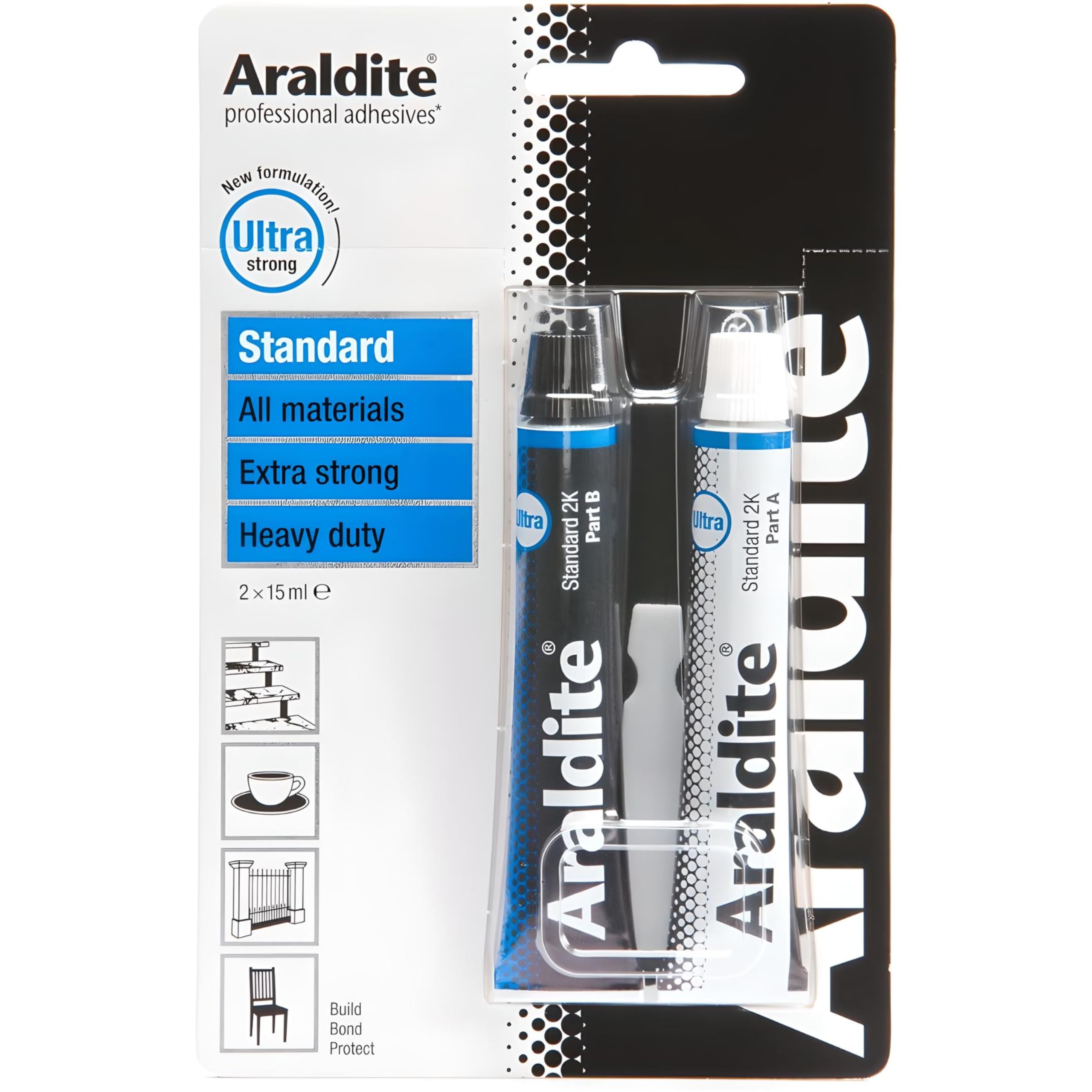 AMK® Araldite Standard Epoxy Adhesive Glue Tube 2x15ml High Strength Strongest Bond Two Part Slow Set Long Work Life Multi Material Metal Wood Ceramic Glass Masonry Plastics Waterproof Resistant