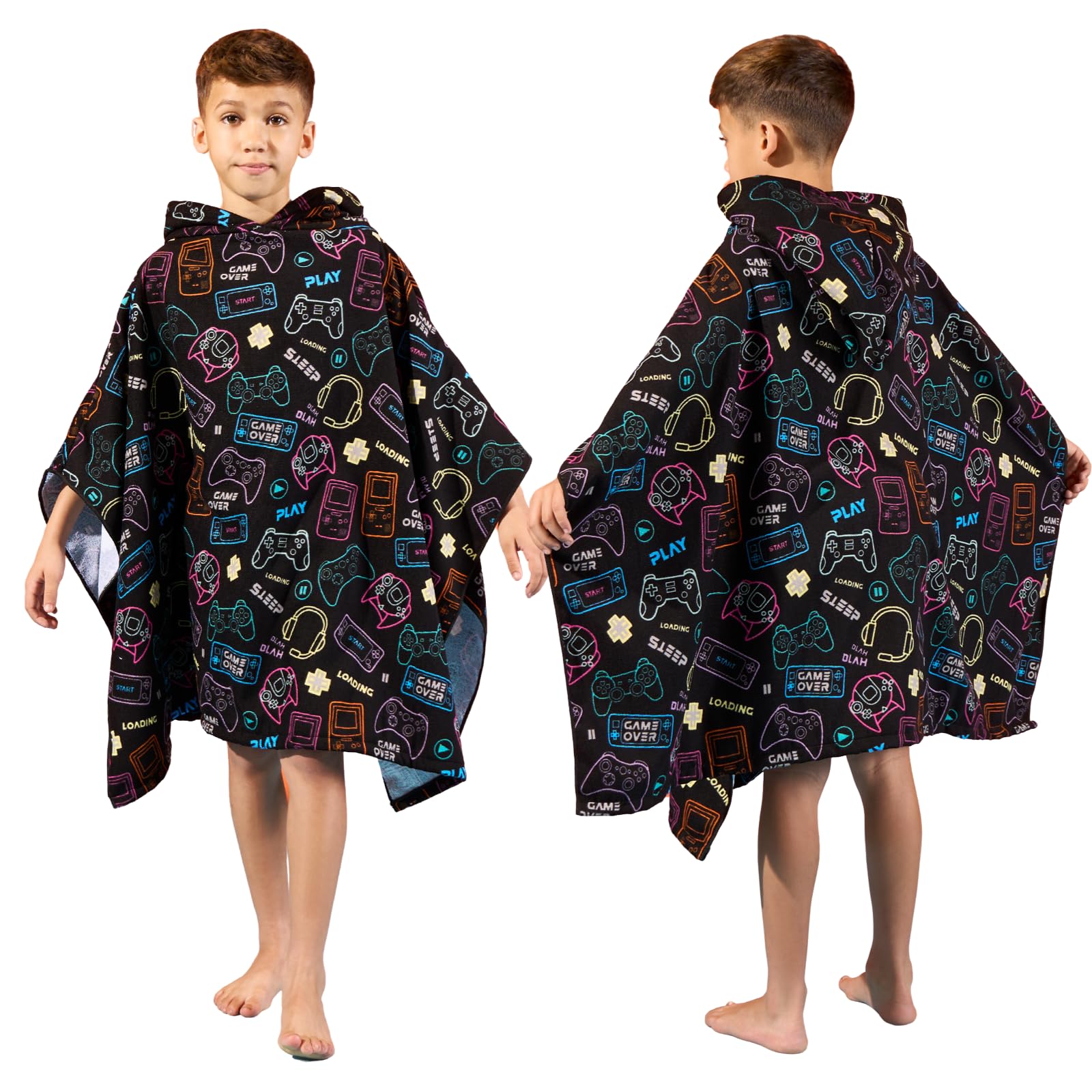 OHS Kids Hooded Poncho Beach Towel Quick Dry Microfibre Black