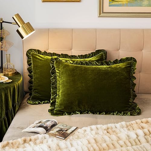 Juego de 2 fundas de almohada de terciopelo retro con volantes, suaves, decorativas, lujosas, color verde oliva, vintage, para decoración de