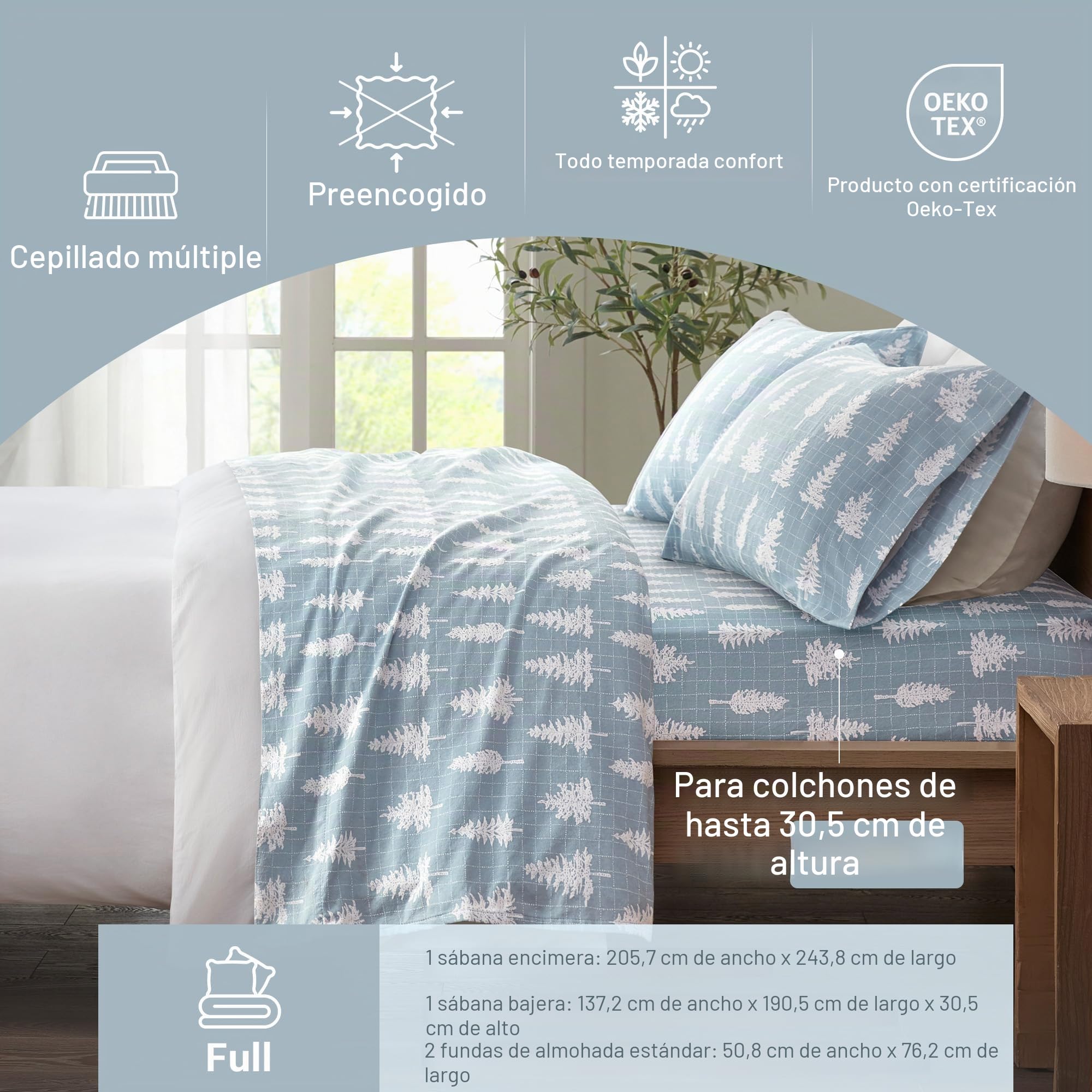 Sleep Philosophy True North by Cozy Flannel - Juego de sábanas de Franela 100% algodón Ultra Suave para Clima frío, tamaño matrimonial, Azul Bosque