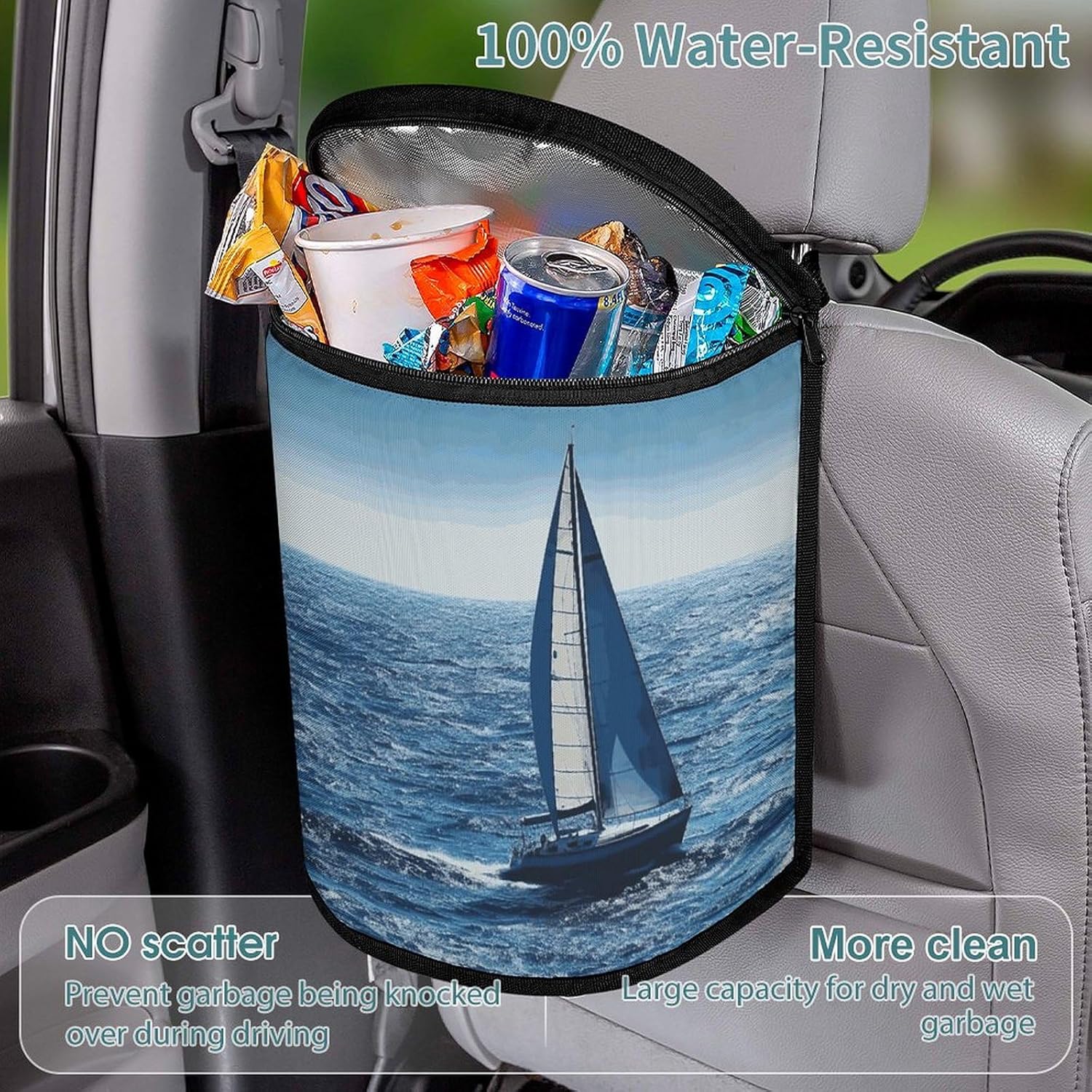 Hanging Car Trash Bag Blue Sea Sailboat Printed Car Garbage Storage Bag Leakproof Car Trash Can Portable Garbage Storage Bags