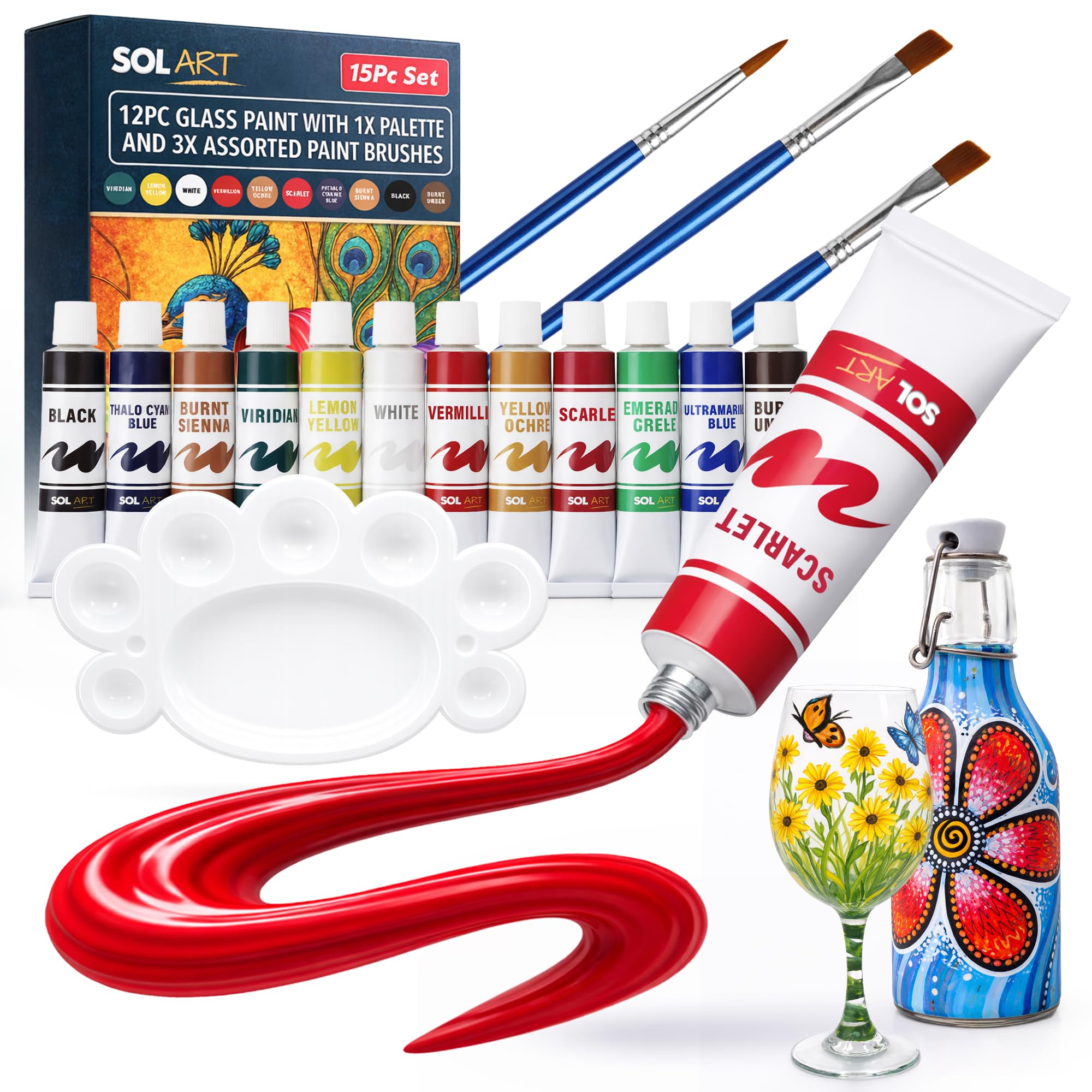 SOL 12pc Glass Acrylic Paint Set for Adults with 1x Palette & 3x Assorted Paint Brushes, Waterproof Acrylic Paints Set for Glasses, Wood, Rocks, Stones, Canvas, Metal & Plastic for Artists