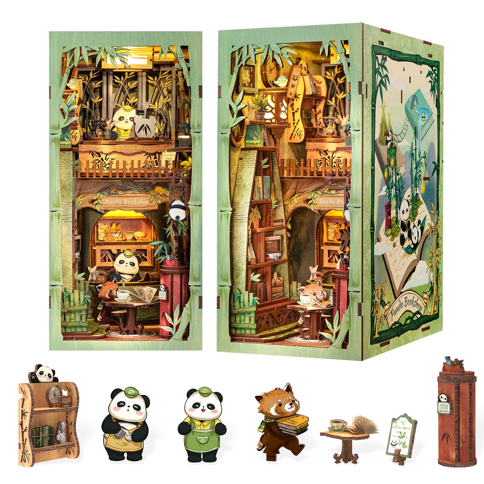 Fsolis Book Nook Kit, Per adulti Case delle bambole in miniatura con luce LED, Per reggilibri Libreria Libreria Decorazione 3D Puzzle in legno Regali per adulti (Panda Bookshop)