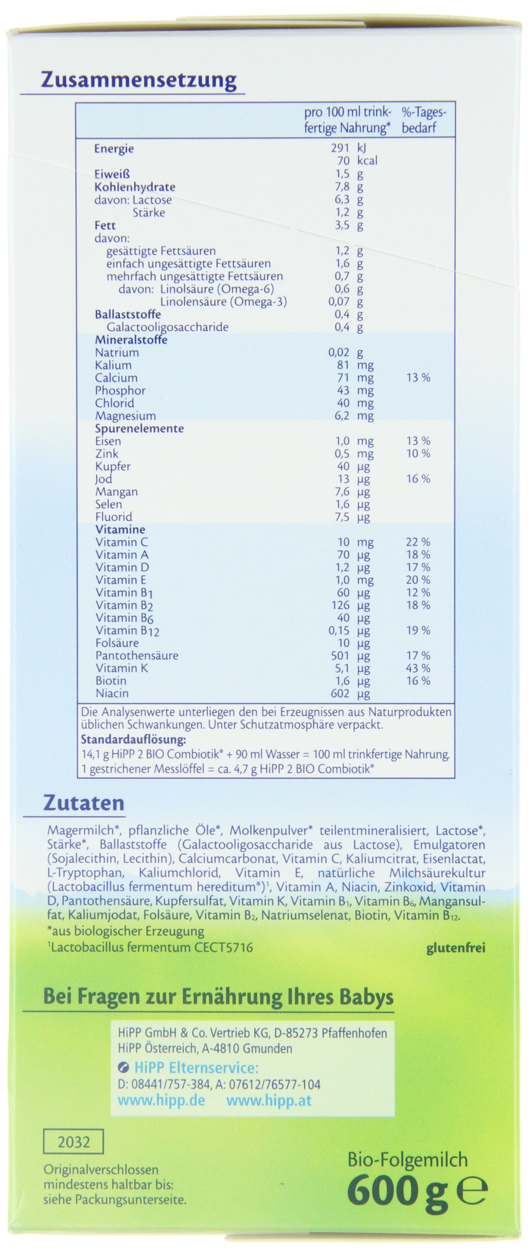 HiPP Orgánica 2 Combiotik 600g, paquete de 4 (4 x 600 g)