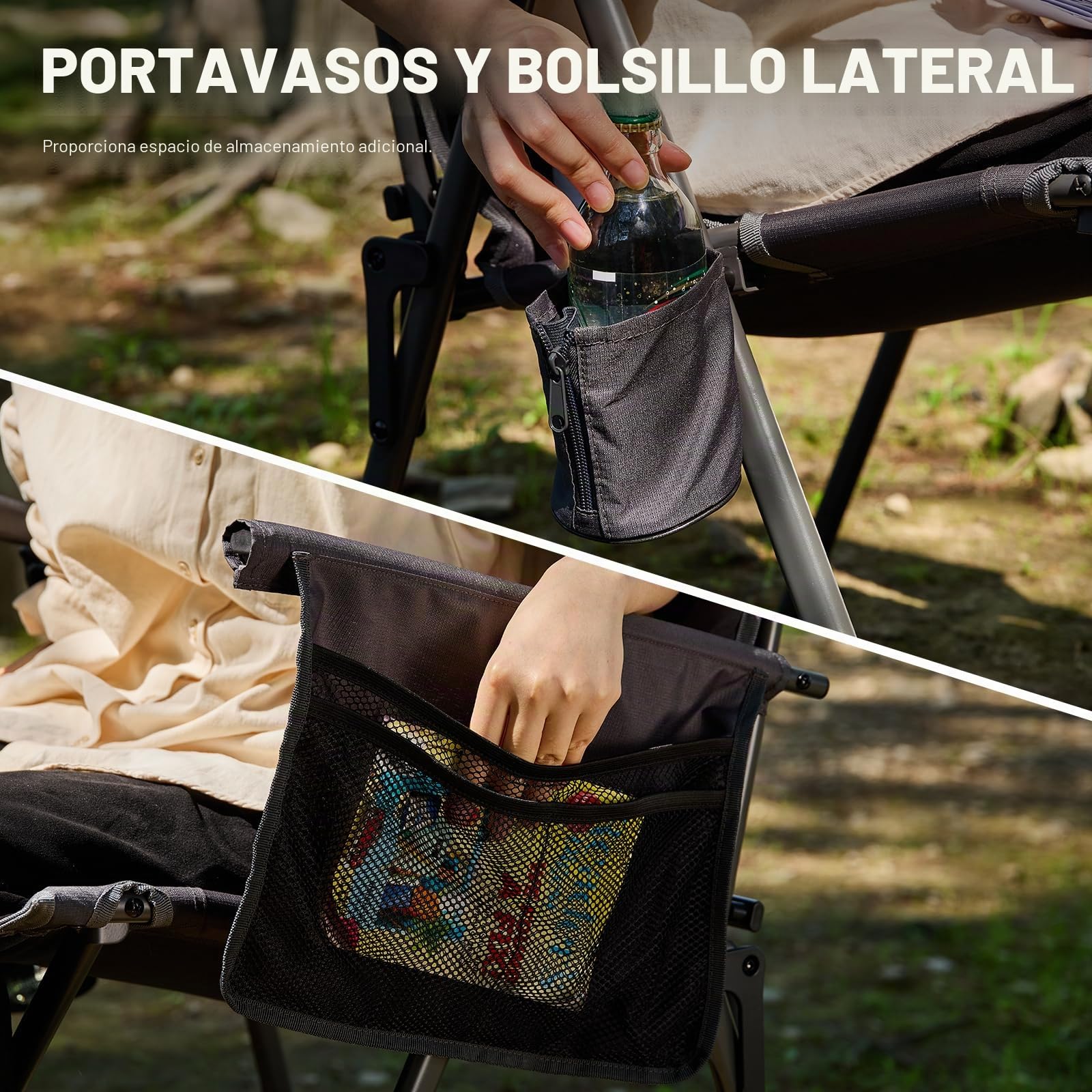 EVER ADVANCED Silla plegable de Campinng con respaldo ajustable, soporta 160 kg, silla plegable reclinable en 4 posiciones, silla plegable con bolsillo lateral y soporte para bebidas para camping