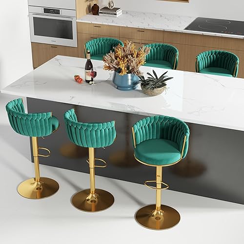 Miniatura 34 de Juego de 2 taburetes de bar dorados ABET, taburetes de bar de terciopelo giratorios, taburetes de altura ajustable con respaldo tejido, taburetes de