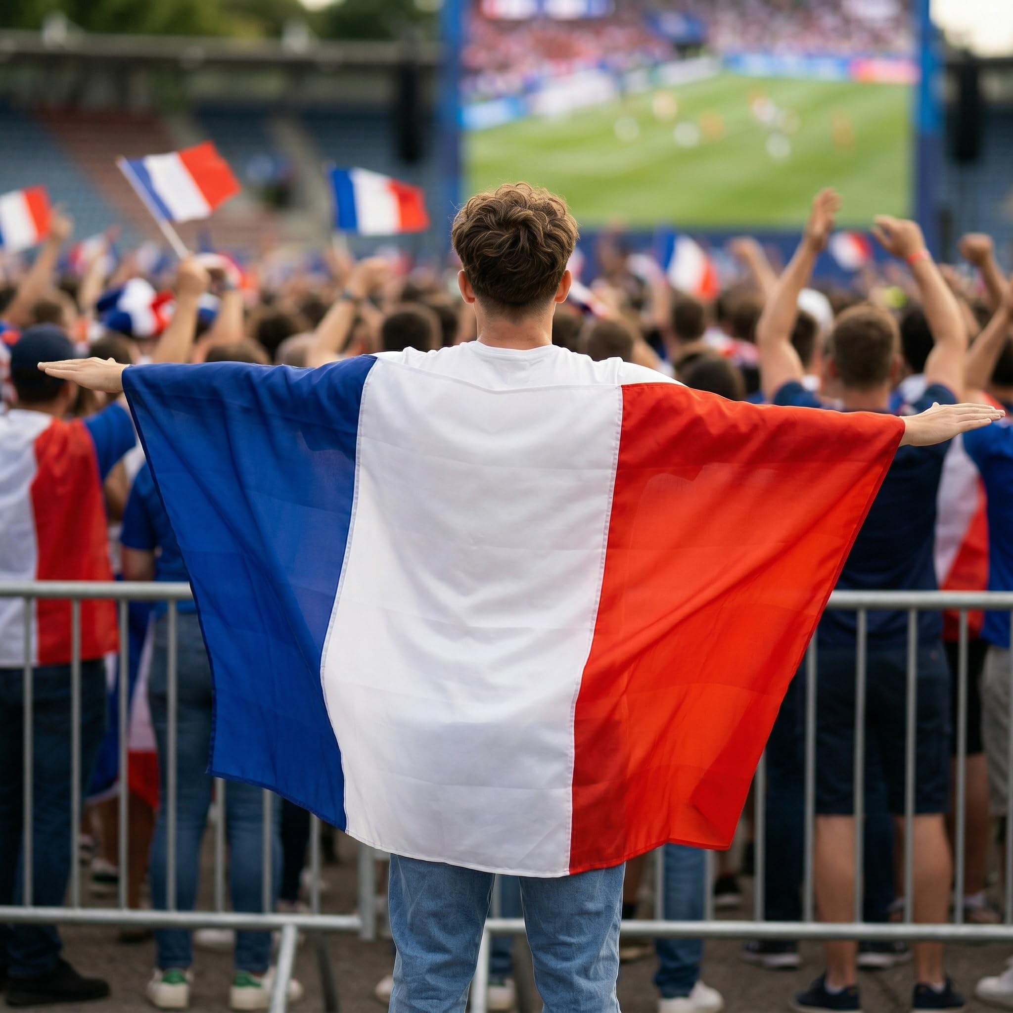 Cape Drapeau France à Porter Accessoire Supporter Football Les Bleus Coupe du Monde 2026 avec Fermeture Sécurisée pour Fan Zone Stade Adulte 100% Polyester 150x90cm Bleu Blanc Rouge