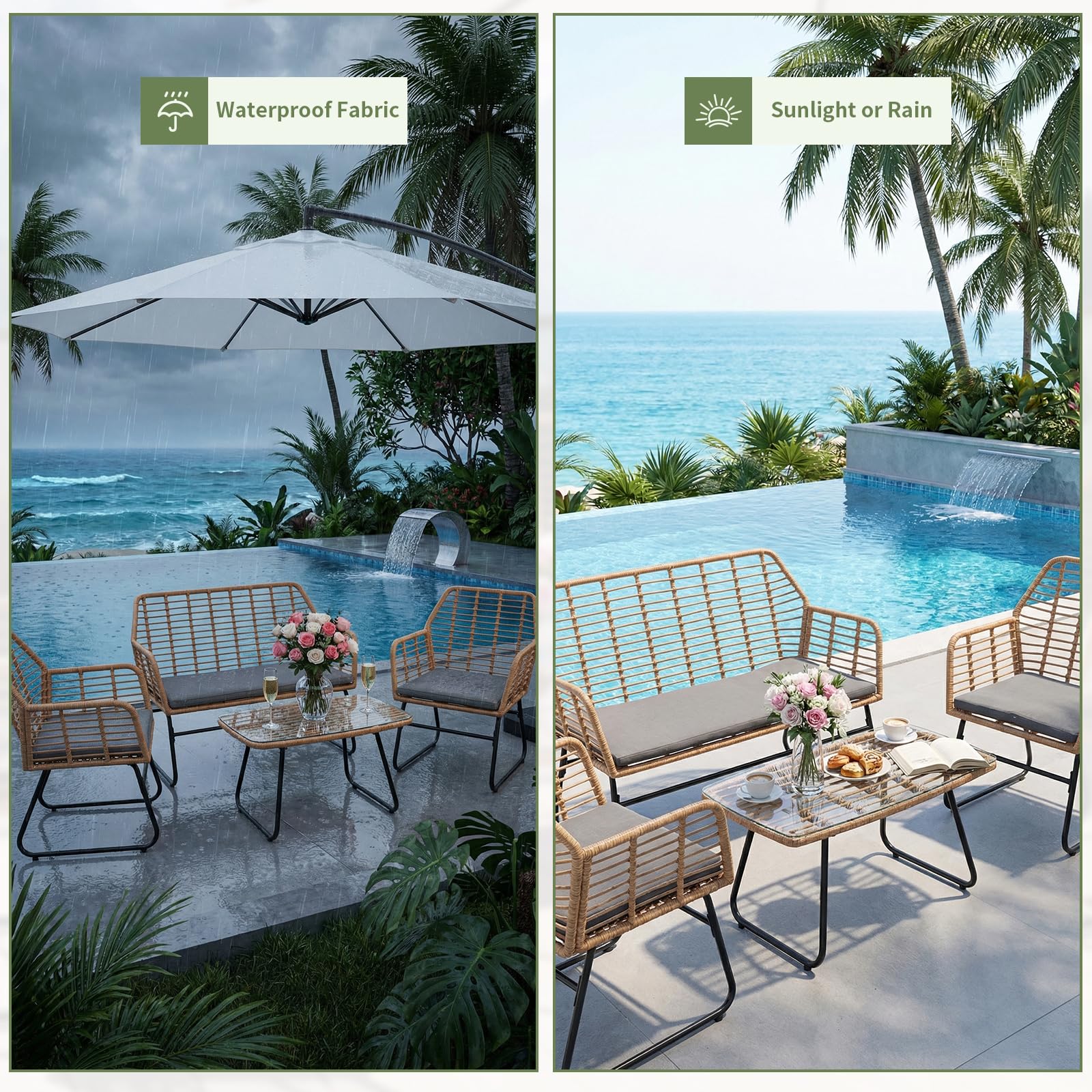 buybyroom Gartenmöbel-Set für den Außenbereich, 4 Personen, Rattan-Sessel, Tisch und Stuhl für den Außenbereich, inklusive 2-Sitzer-Sofa + 2 Sessel + 1 Gartentisch, abnehmbare Kissen