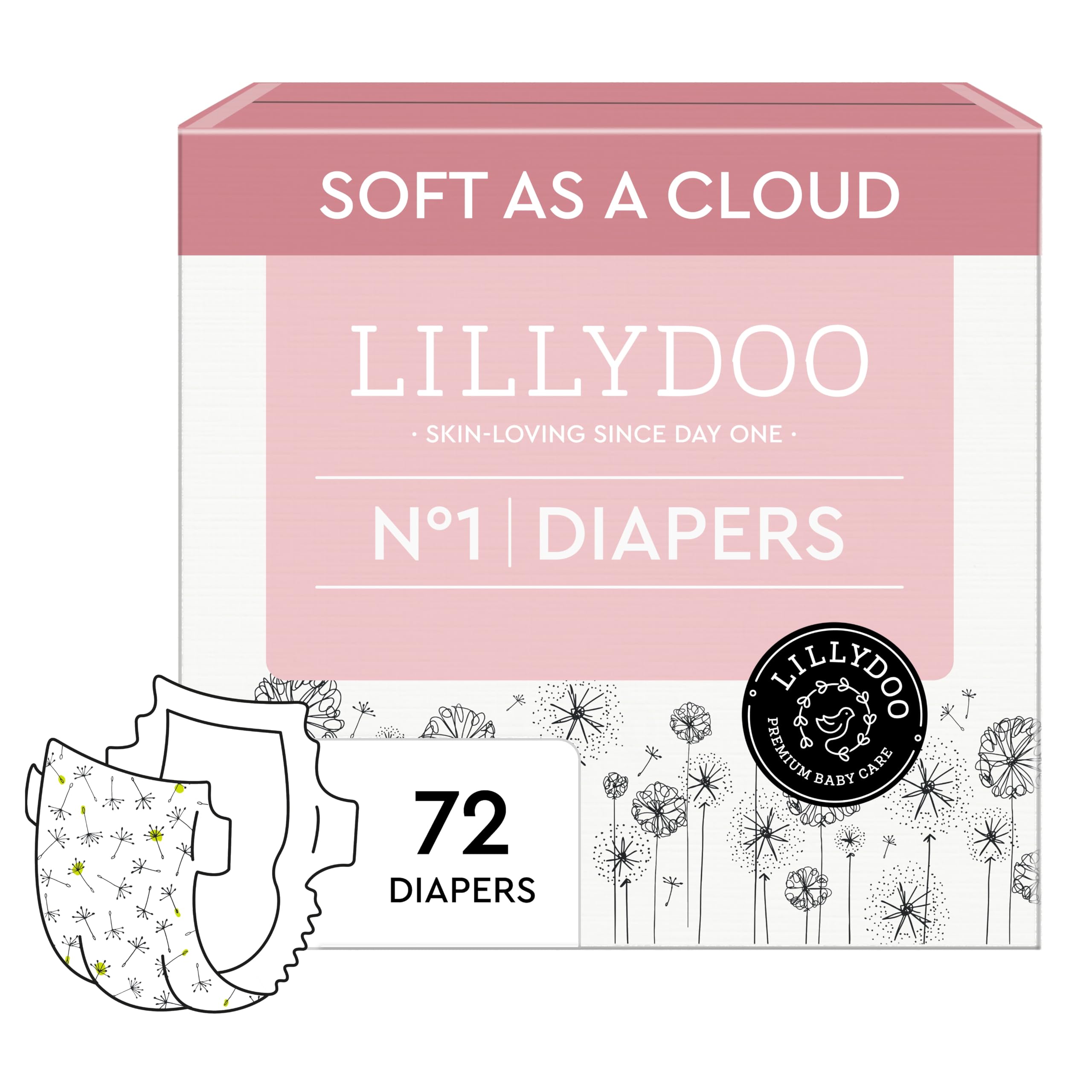 LILLYDOO Disposable Baby Diapers, Size 1 (4+ lbs), 72 Count, Absorbent Leak Protection, U…