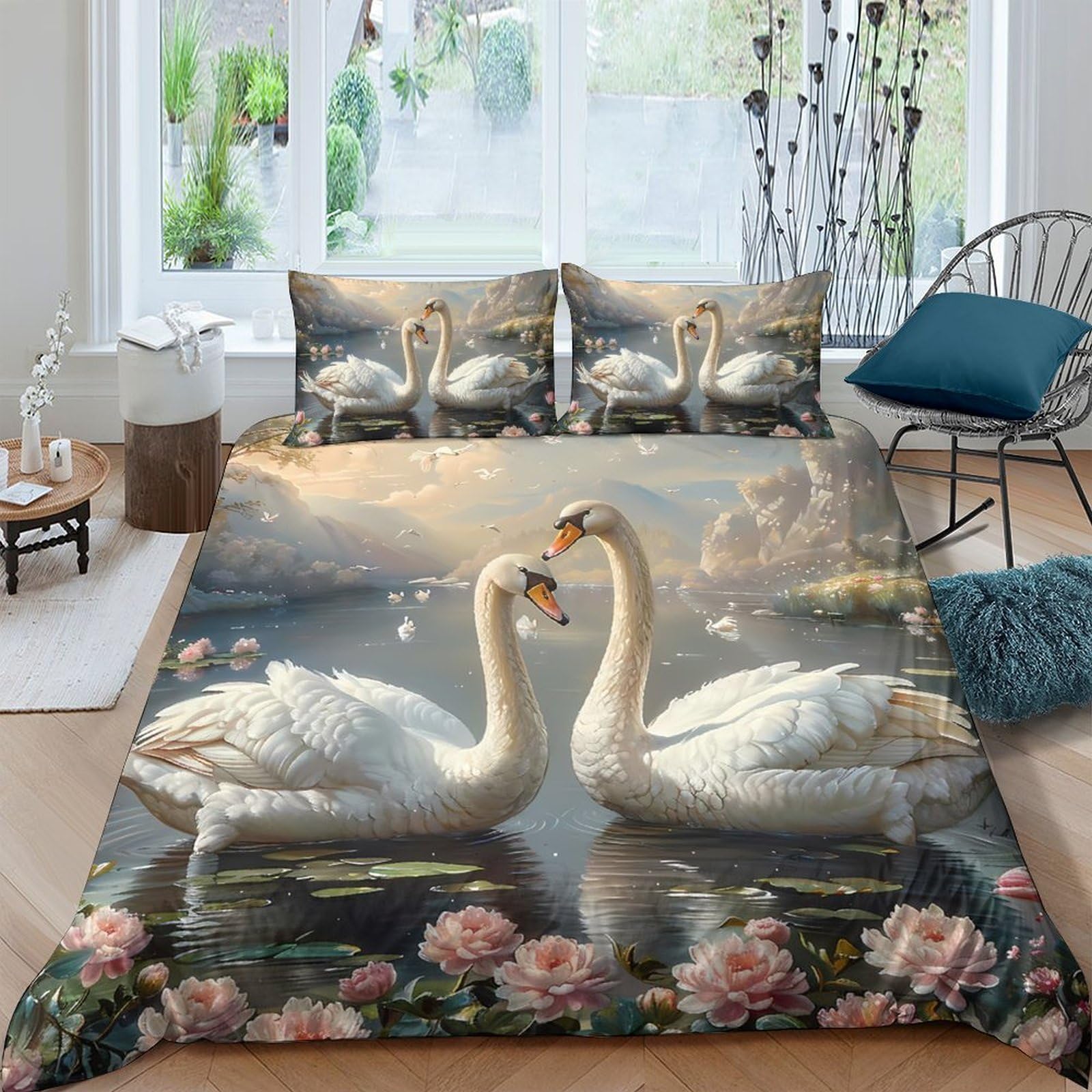 Ctjqhvkz Style-4 3D Printed Swan Lake Fitted Sheet Microfiber Elegant Romantic Water Floral Bed Cover Bedroom Decor Machine Washable Single（135X200cm）