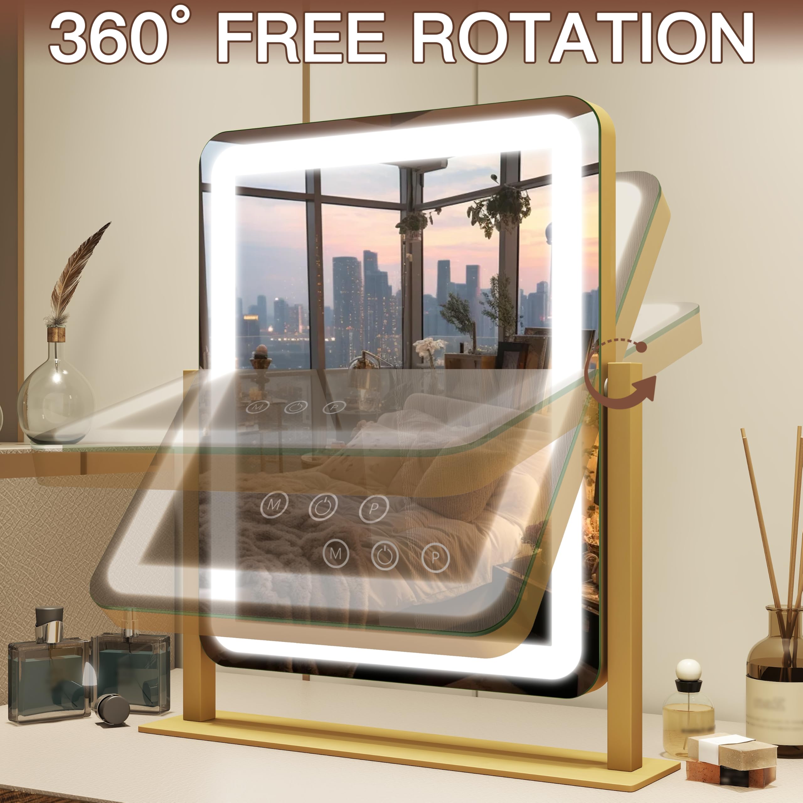 FENNIO Miroir de courtoisie avec lumières – 38,1 x 32 cm, grand miroir de maquillage avec lumières LED, écran tactile avec éclairage 3 couleurs, intensité variable, pour coiffeuse, bureau, chambre à