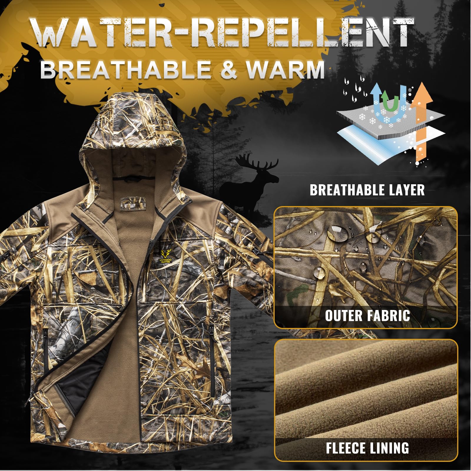 VOTAGOO Giacca da caccia silenziosa Softshell foderato in pile mimetico abbigliamento abbigliamento abbigliamento con cappuccio cappotto per uomo