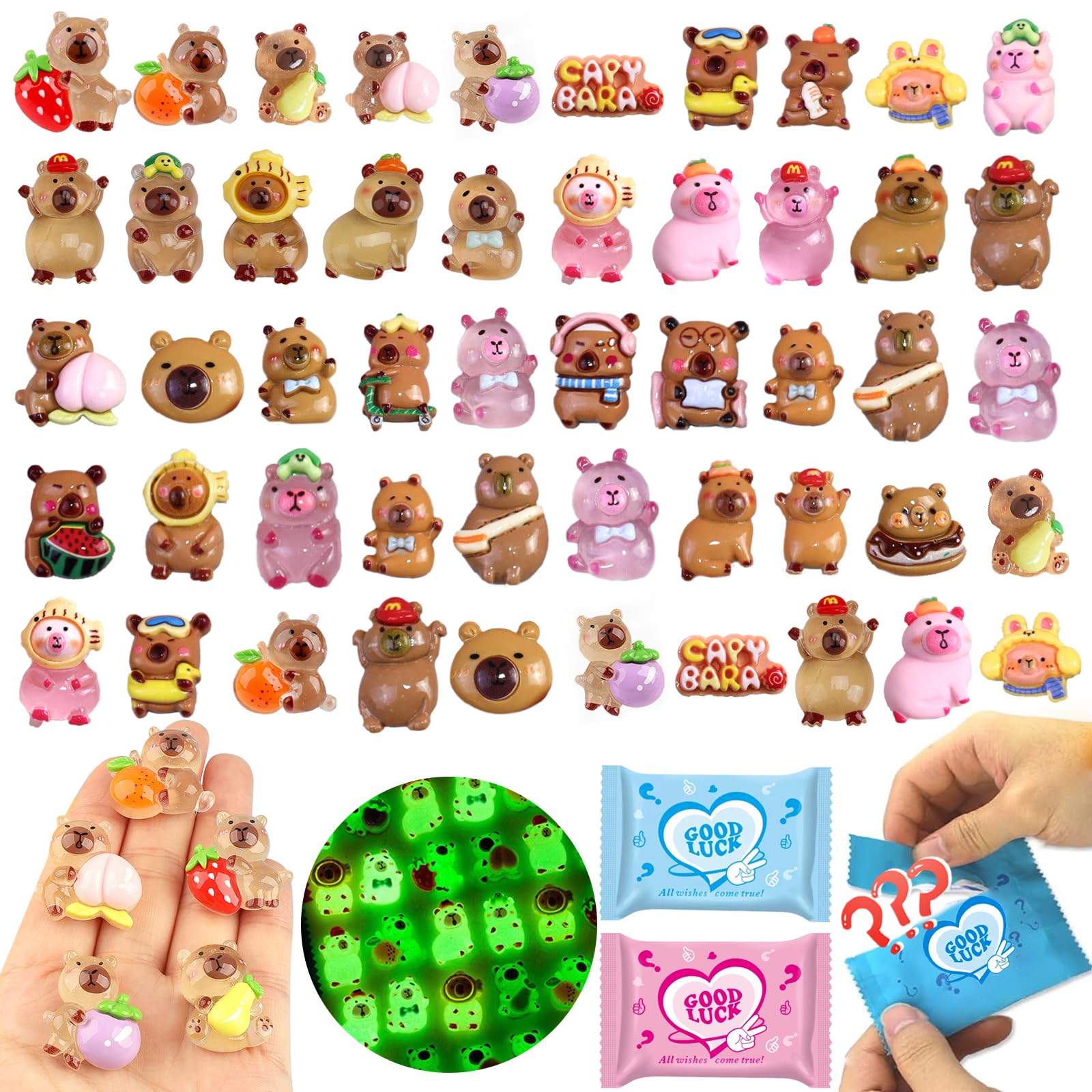 50 Pcs Random Mini Capybara with Glow in The Dark Feature, Individually Packaged Blind Bags – Cute Collectible Resin Toys for Kids, Fairy Gardens, Desk Decor, Party Favors, and Creative DIY Projects