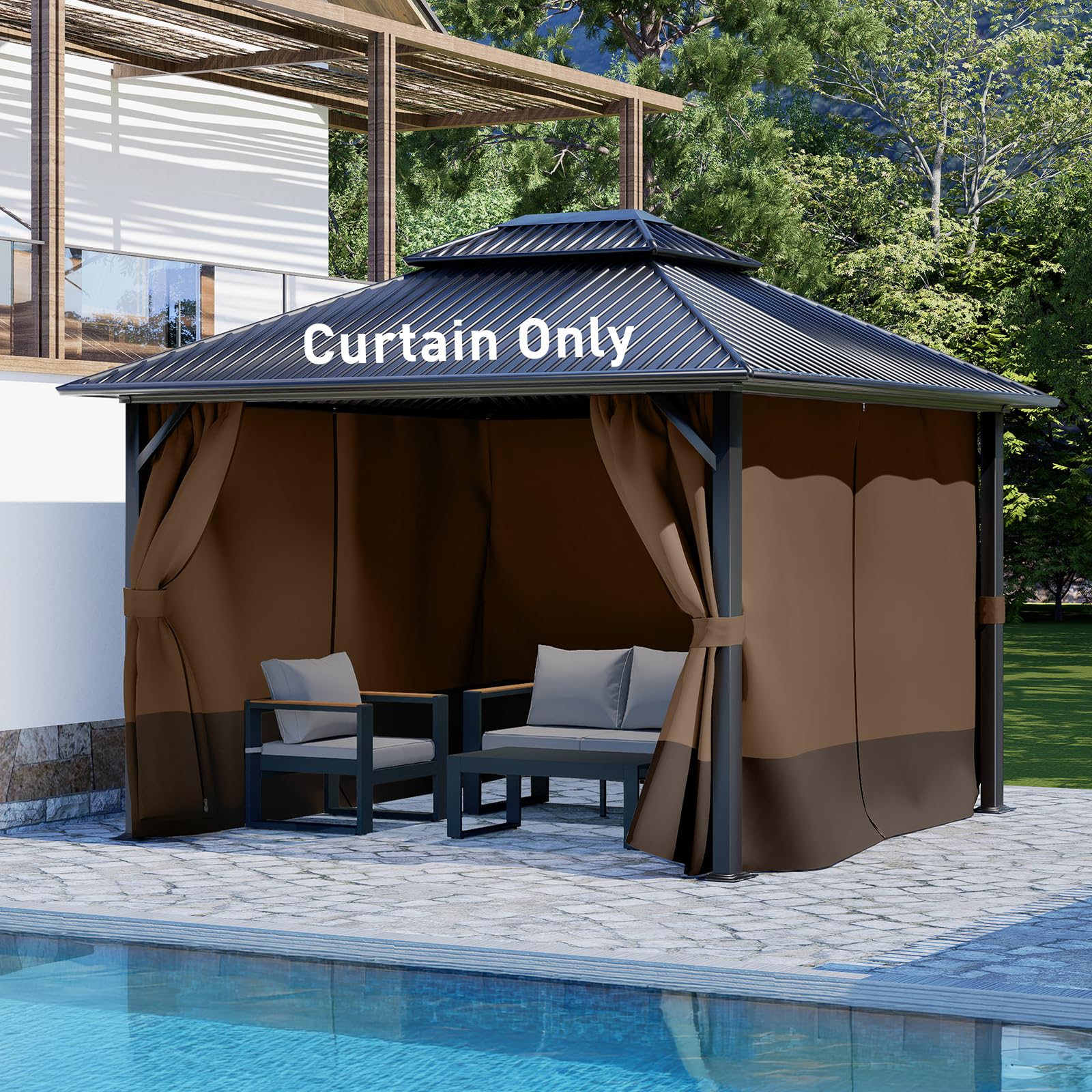 Aoodor 12' x 14' Gazebo Curtain Set Protecting Privacy Side Walls 4 Panels,Curtain Only (Brown and Coffee)-image-28