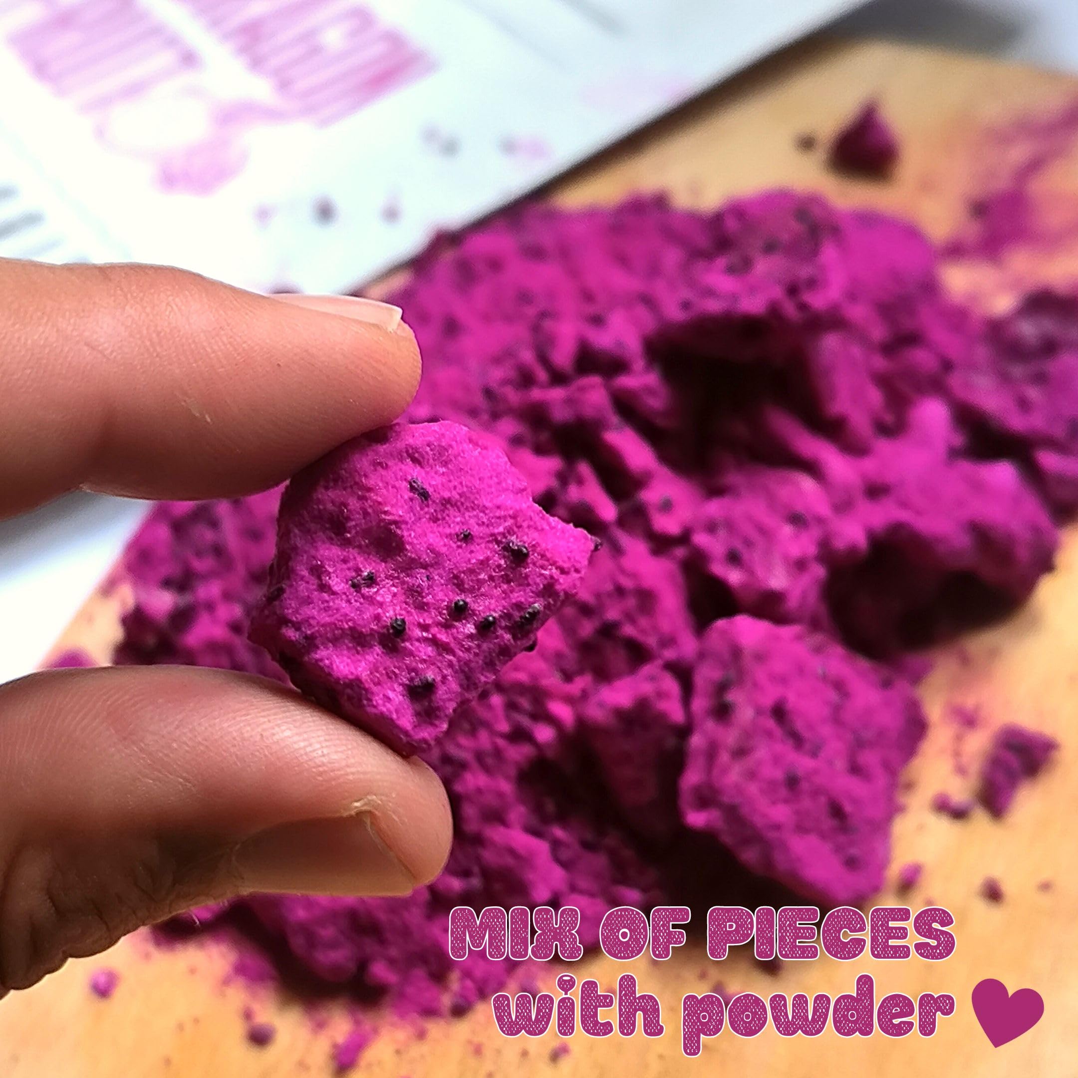 ZingyZoo Frutto del Drago Essiccato Senza Zucchero|XL 300g Polvere di frutta tritata con alcuni pezzi|Freeze Dried Dragon Fruit Crushed|Gefriergetrocknete Drachenfrucht Liofilizzato