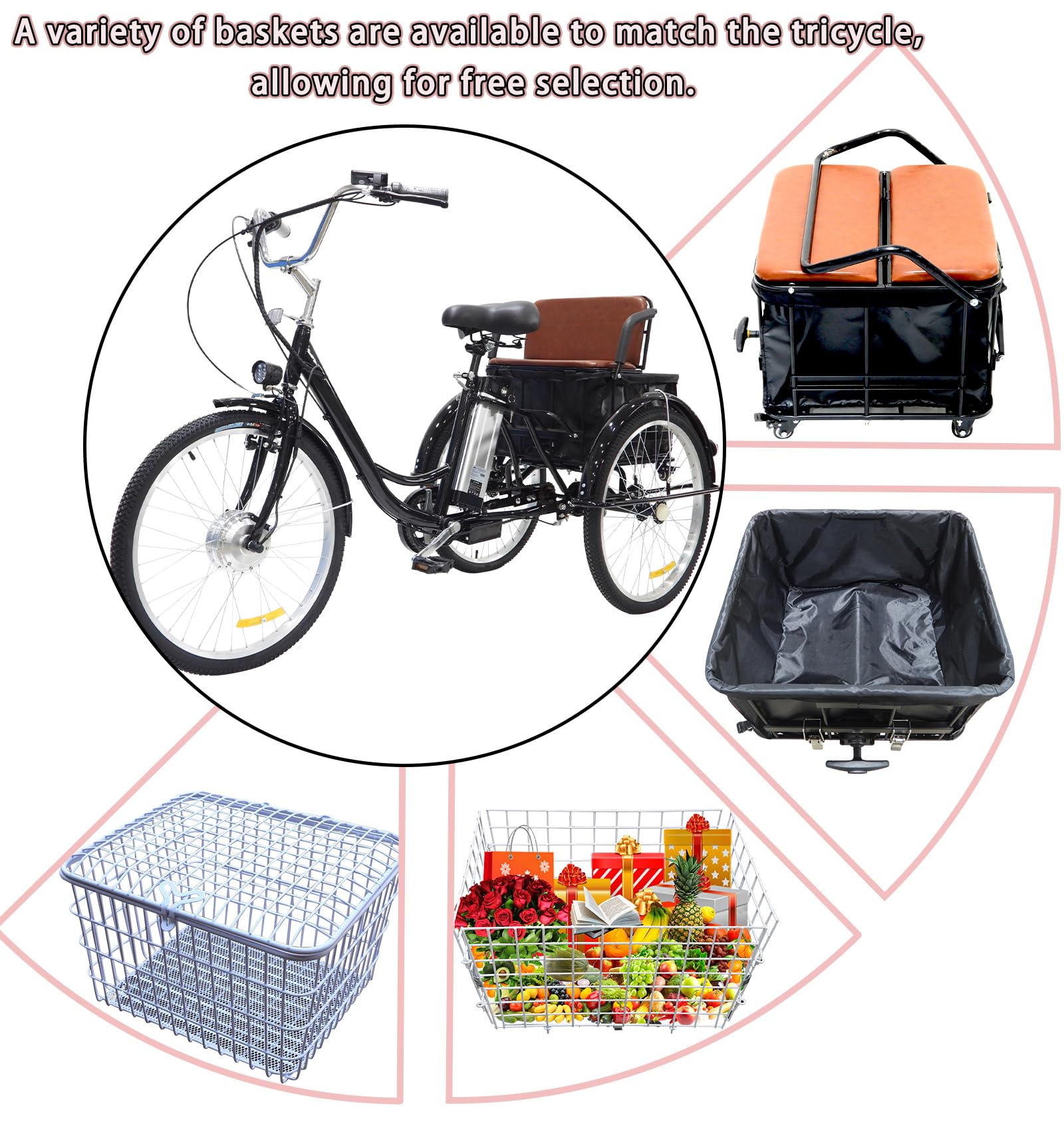 Triciclo elettrico da 24 pollici per adulti, bici elettrica con sedile posteriore, veicolo elettrico a tre ruote, triciclo elettrico con batteria al litio da 36 V 12 Ah, portata massima 150 kg