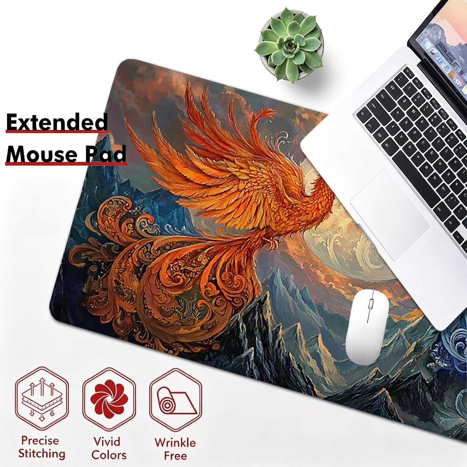 Tappetino Mouse Gaming XXL, Mousepad 1200x600x4mm Fenice fiamma 0x0-155 | Tappetino Scrivania con Base in Gomma Antiscivolo Bordi Cuciti per Computer, PC, Migliora la Precisione e la Velocità