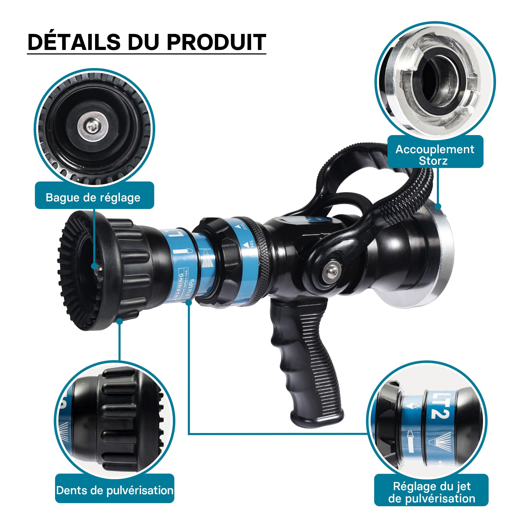Wiltec Lance d’incendie polyvalent – Storz C – 150/200 / 350/500 l/min – Réglage en continu – Intervention secours Sapeur pompier Chantier