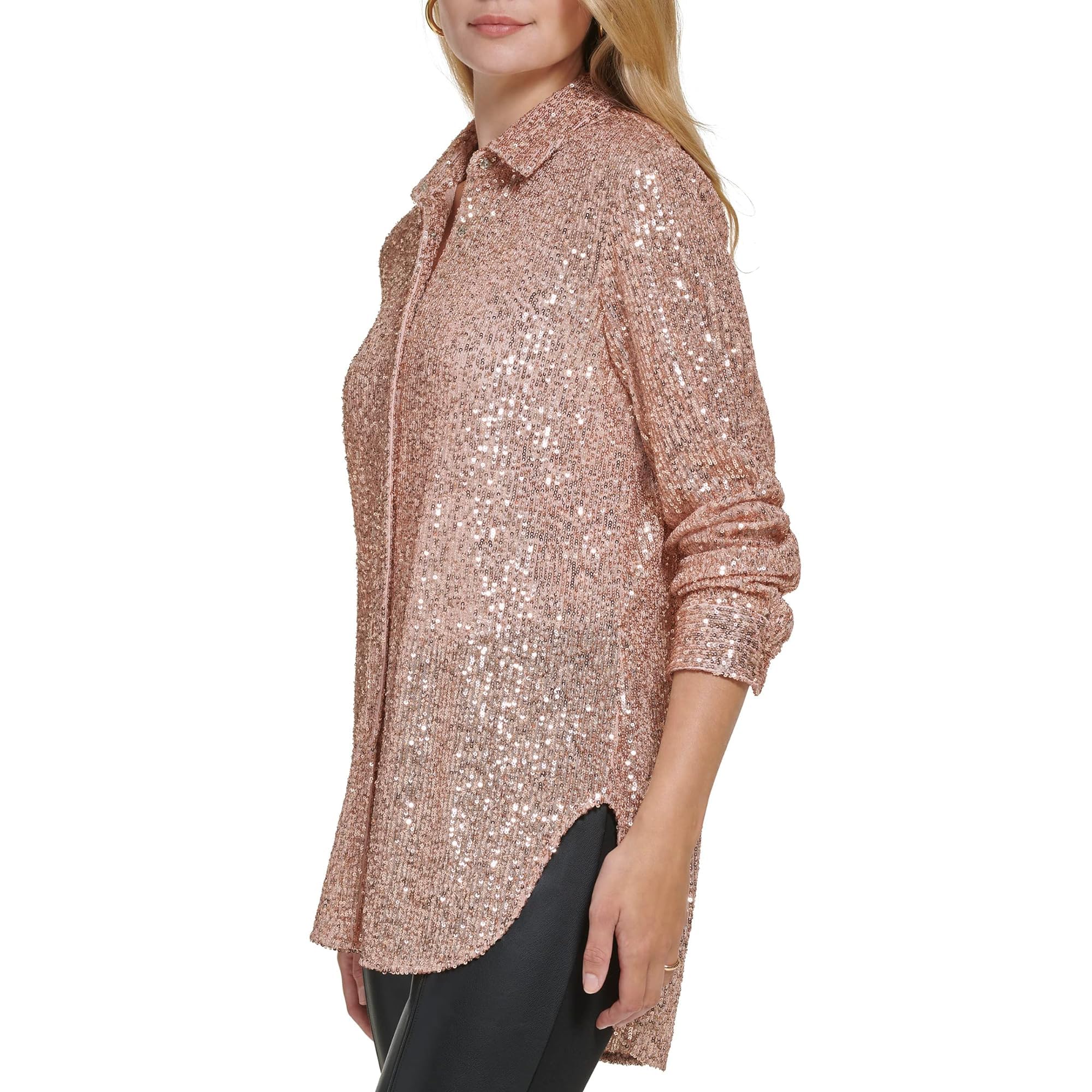 Calvin Klein Sparkly Tunic Long Sleeve Sequin Mesh Oversize Blouse Mujer