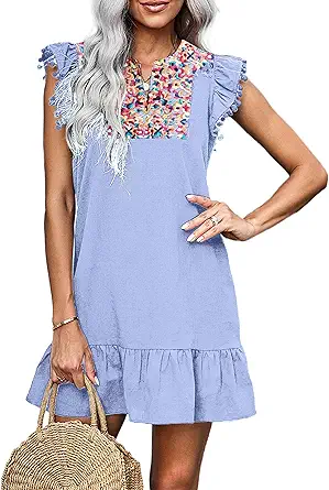 KIRUNDO 2023 Women's Mini Dress Casual V Neck Floral Embroidered Ruffle Sleeveless Shift Dress Flowy Boho Dress