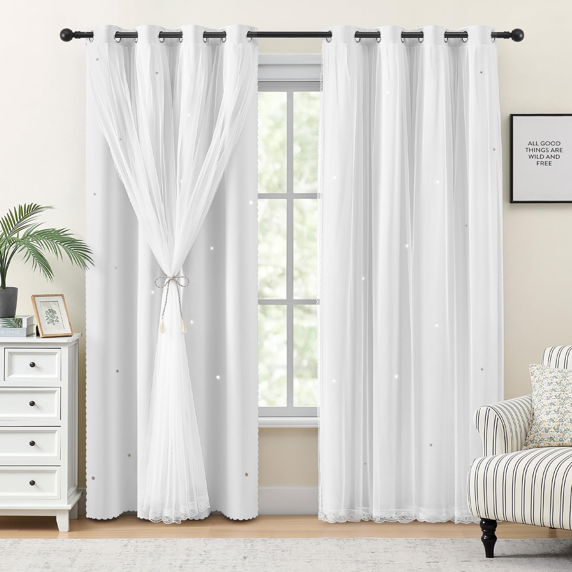XiDi White Curtains 96 Inches Long for Girls Bedroom Living Room Privacy Room Darkening Double Layer Curtains with Sheer Overlay for Kids Toddler Princess Nursery Room Grommet Window Drapes W34 X L96