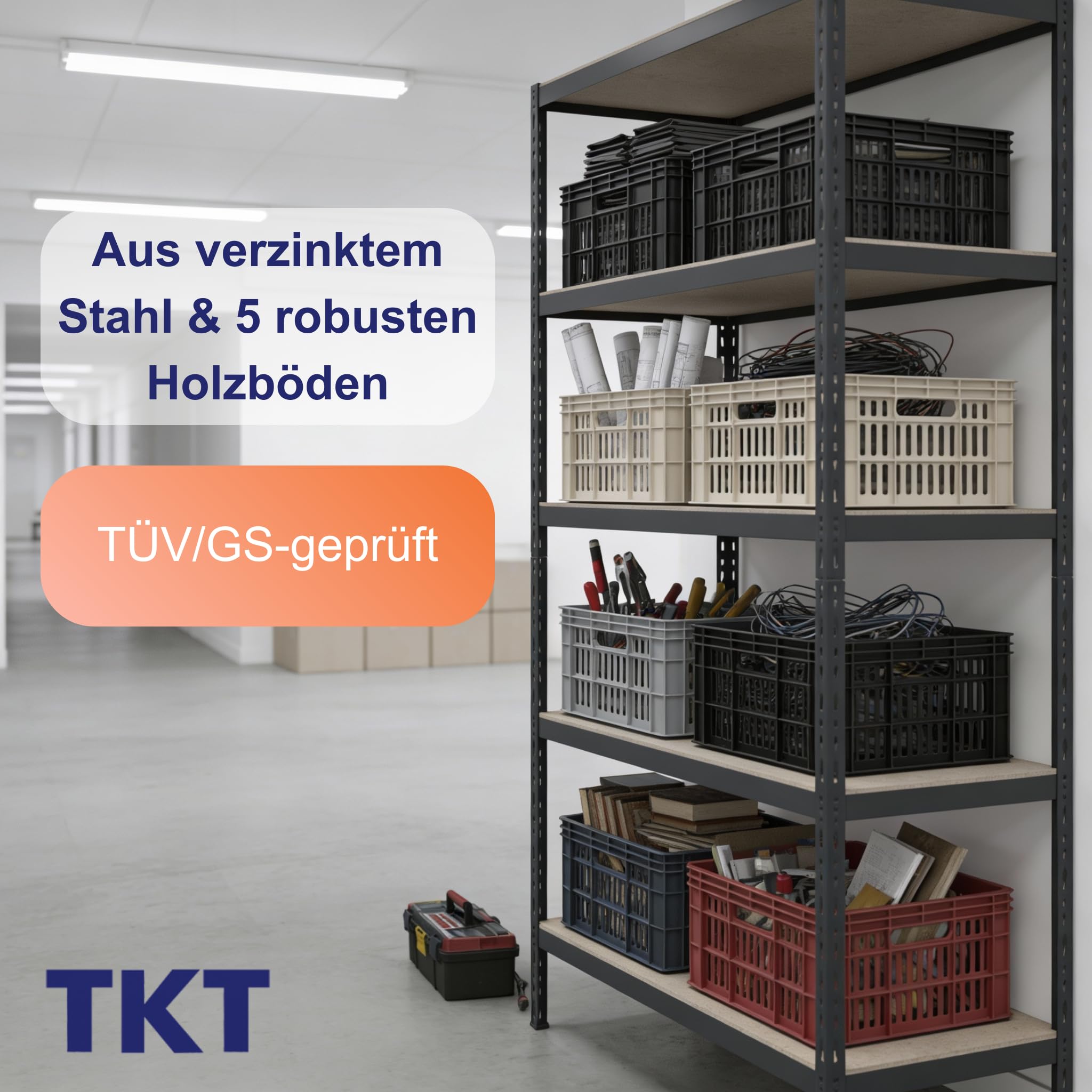 TKT – Work System Steckregal mit Holzböden & Unterzug 180x92x46cm - Regal mit 265kg Tragkraft pro Boden. Schwerlastregal mit 5 Böden für Werkstatt, Wohn- & Kellerraum. Anthrazit