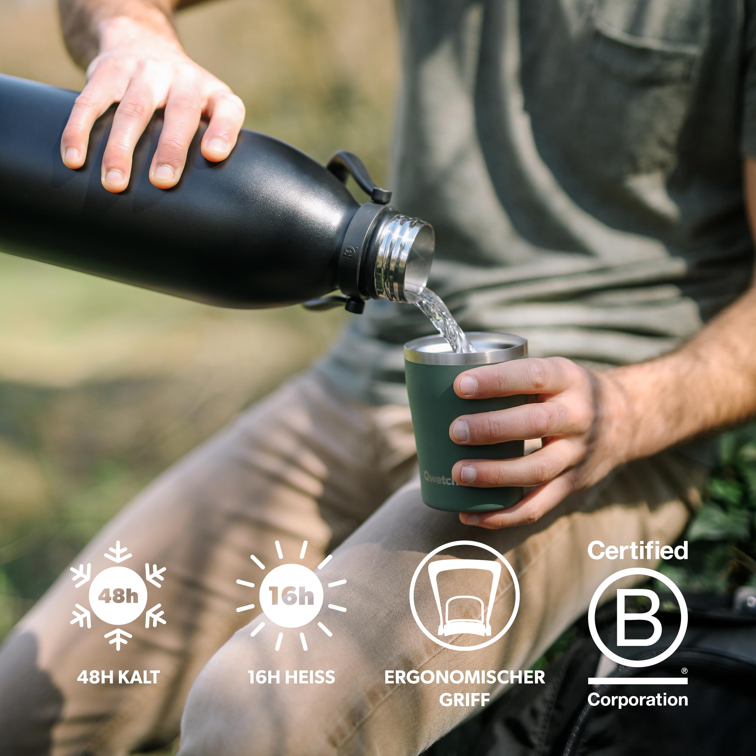 QWETCH - Große 1,5L Edelstahl Trinkflasche Titan - Thermosflasche 48h Kalt & 16h Heiß - Auslaufsicher & BPA-frei - Isolierflasche mit Griff - Perfekt für Camping, Picknick & Familie