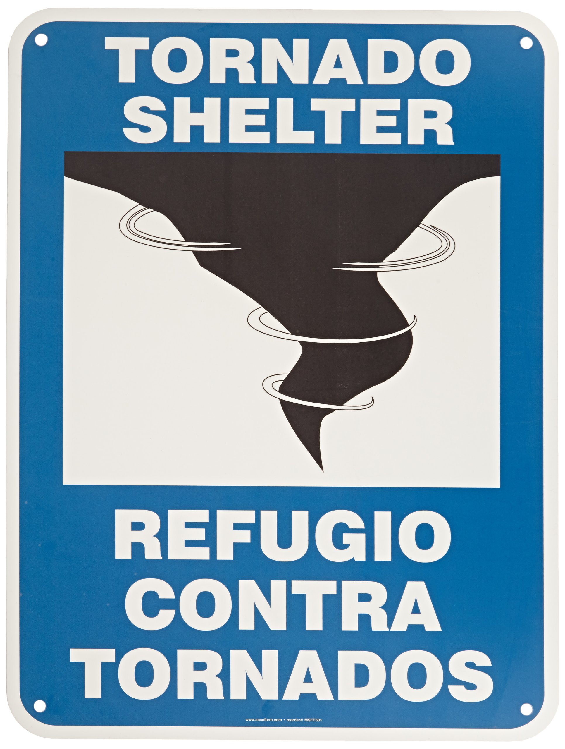 Accuform SBMFEX552VA Aluminum Spanish Bilingual BIGSign, Legend "Tornado SHELTER/Refugio Contra TORNADOS" with Graphic, 24" Length x 18" Width, Blue/Black on White