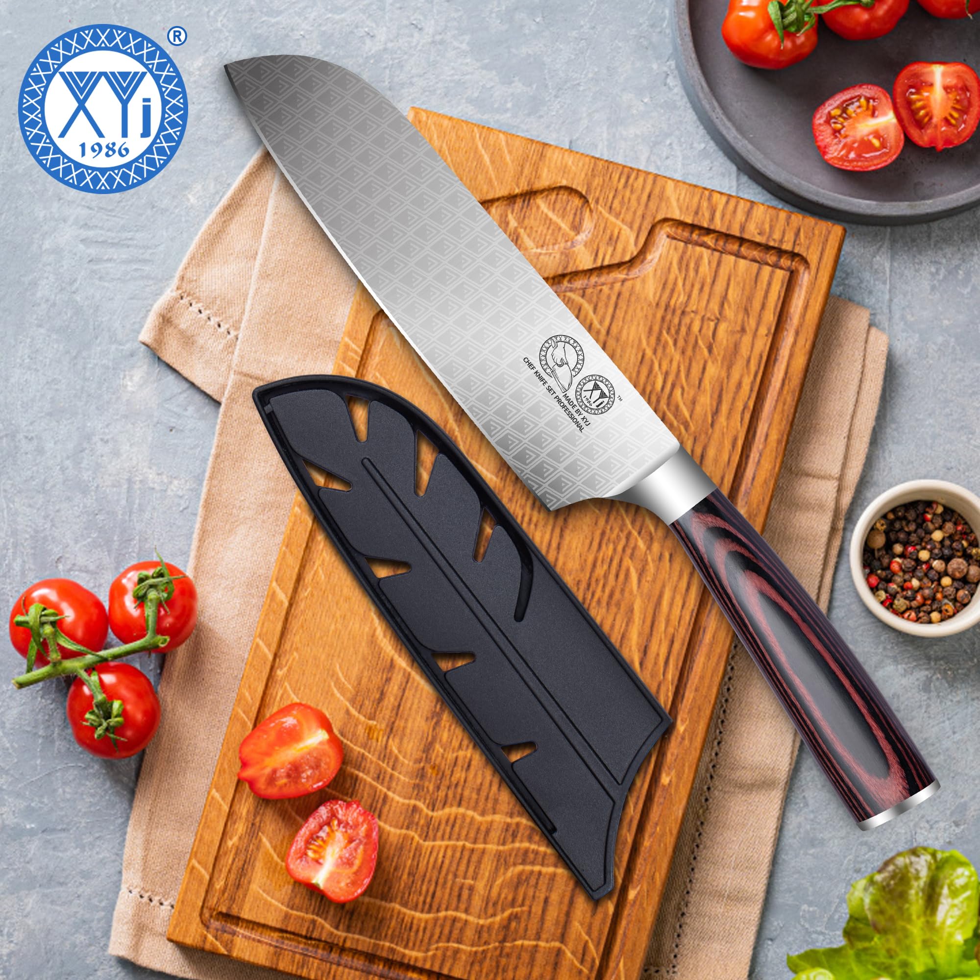 XYJ 7 Inch Japanese Kitchen Knife,Stainlss Steel,Razor Sharp,Santoku Knife With Sleeve,Ergonomic Handle,Meat Cleaver for Meat Cuting,Vegetable Slicing Cooking Chef Knife