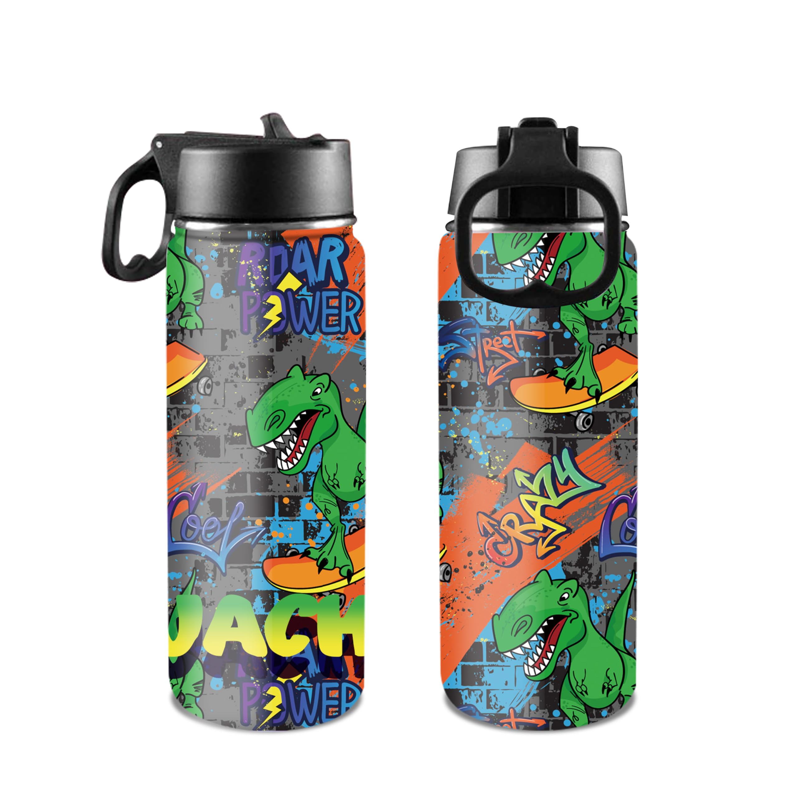 Custom Insulated Water Bottle for Kids, Personalized Water Bottles Cool Dinosaur Pattern with Name, Stainless Steel Water Bottle with Straw 18oz, Gift