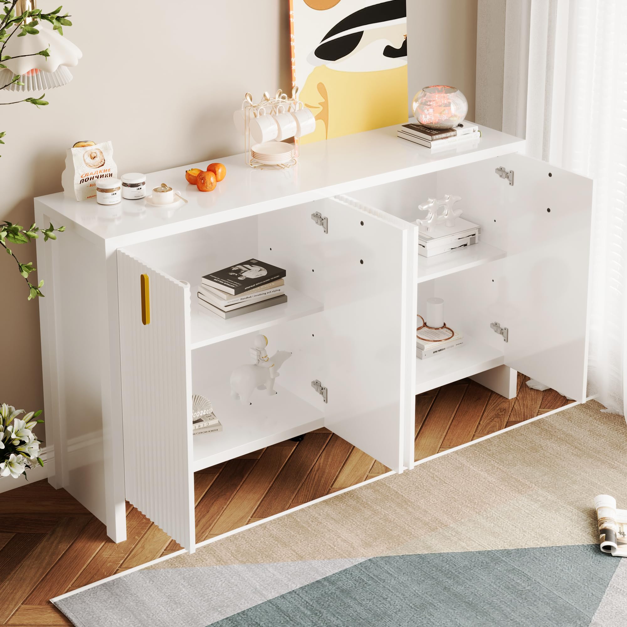 Modernes Sideboard mit gerillter Front und eleganten Metallgriffen – Aufbewahrungsschrank für Flur, Wohnzimmer oder Esszimmer – geräumige Fächer mit höhenverstellbaren Einlegeböden (Weiß)