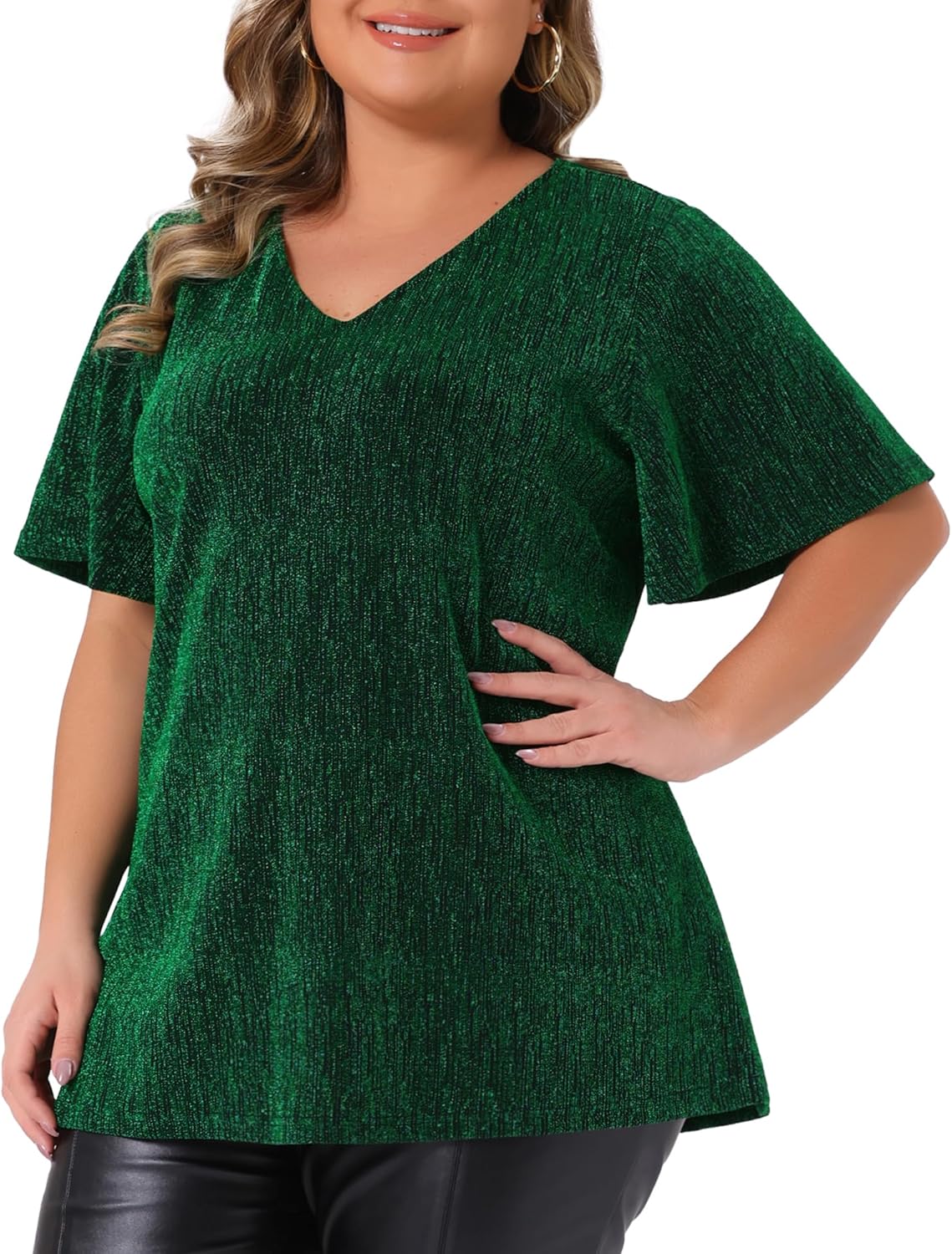Agnes Orinda Plus Size Metallic Tops for Women V Neck Short Sleeve T-Shirt Party Top Glitter Blouses - Image 2