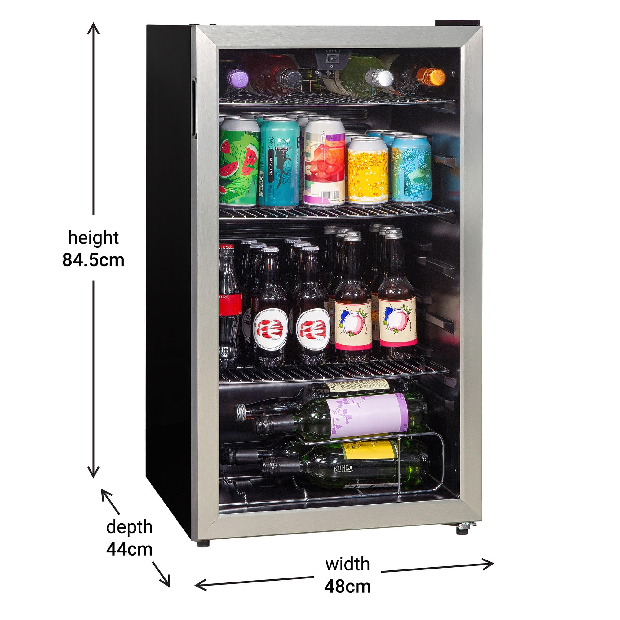 Kuhla Mini Fridge 93 Litre Undercounter Freestanding Beverage/Drinks Wine Fridge for Beer Stainless Steel, LED Light, Drinks & Snacks Glass Door, 3 Adjustable Shelves, Energy Efficient, K48BC101SS — view 2