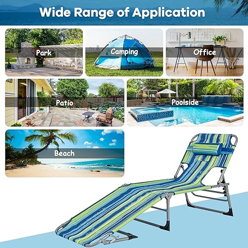 Miniatura 9 de GYMAX Silla bronceadora, tumbona de playa plegable con agujero para el brazo facial, respaldo ajustable, bolsillo lateral y asa de transporte, silla