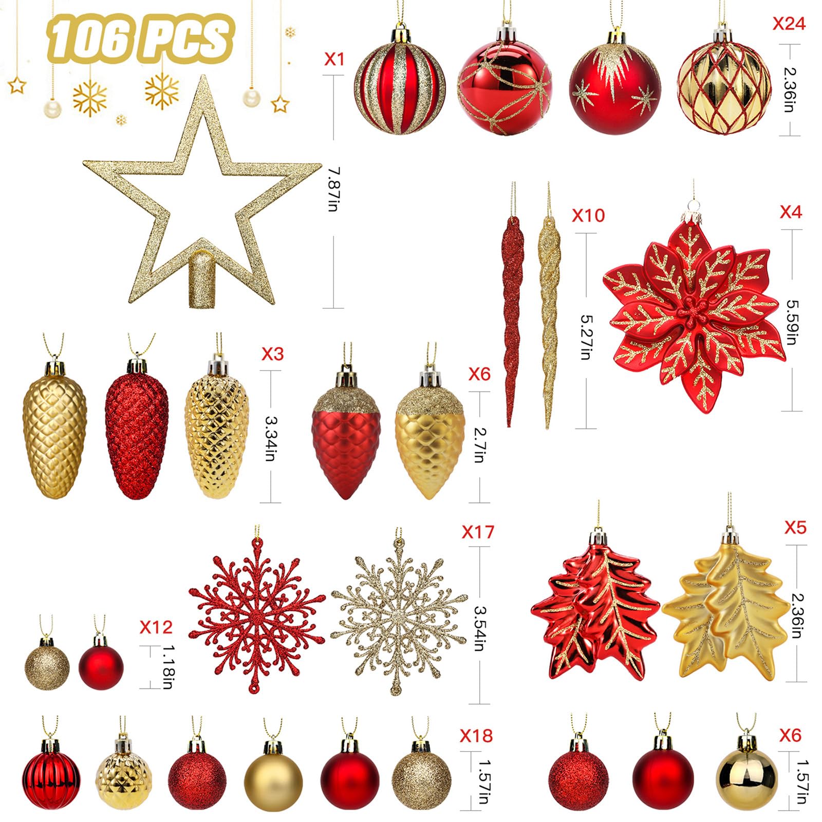 SHareconn 2025 Nuovo set di ornamenti di 106pcs Baubles di Natale, Baubles decorativi di plastica infrangibile per decorazioni dell'albero di Natale, Rosso rubino E Oro