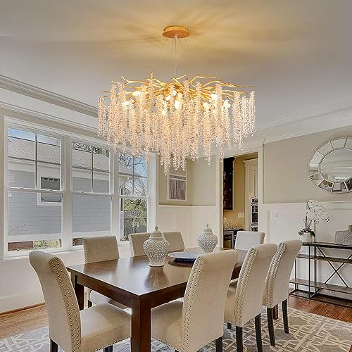 Miniatura 8 de Candelabro de rama de árbol de cristal, dorado, de 31.5 pulgadas, moderno, redondo, con forma de gota de lluvia, lámpara colgante de lujo para