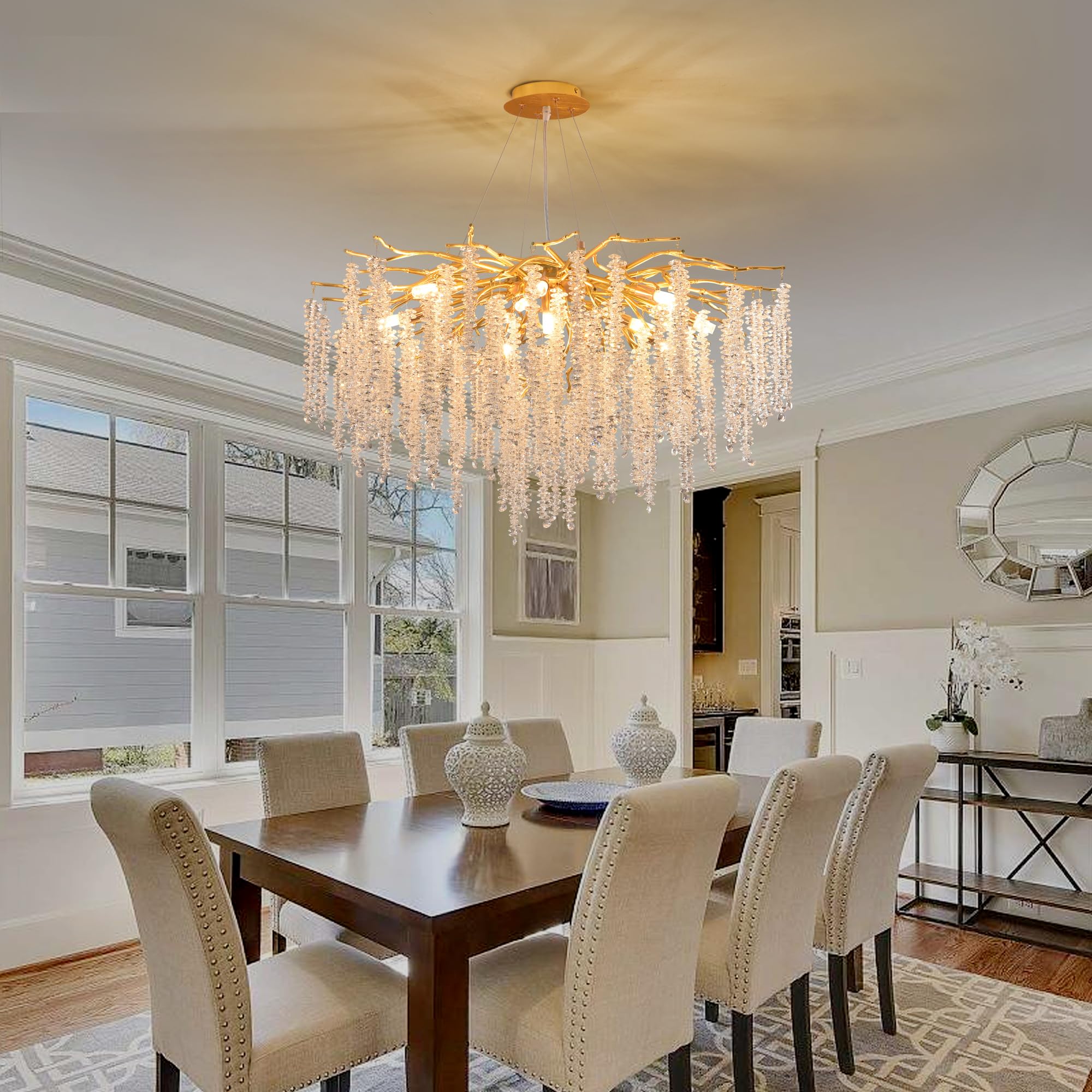 Lampadario Moderno In Cristallo Con Rami Dorati - Sospensione Rotonda Per Sala Da Pranzo, Design Lussuoso Art Déco