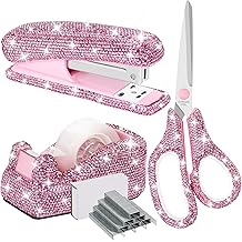 Buqoo Bling Rhinestones Office Supplies Set Diamond Desktop Stapler and Tape Dispenser with 1000 Staples, Tape Cutter, Scissors for Stationery Desk Set School Home N Office Supplies