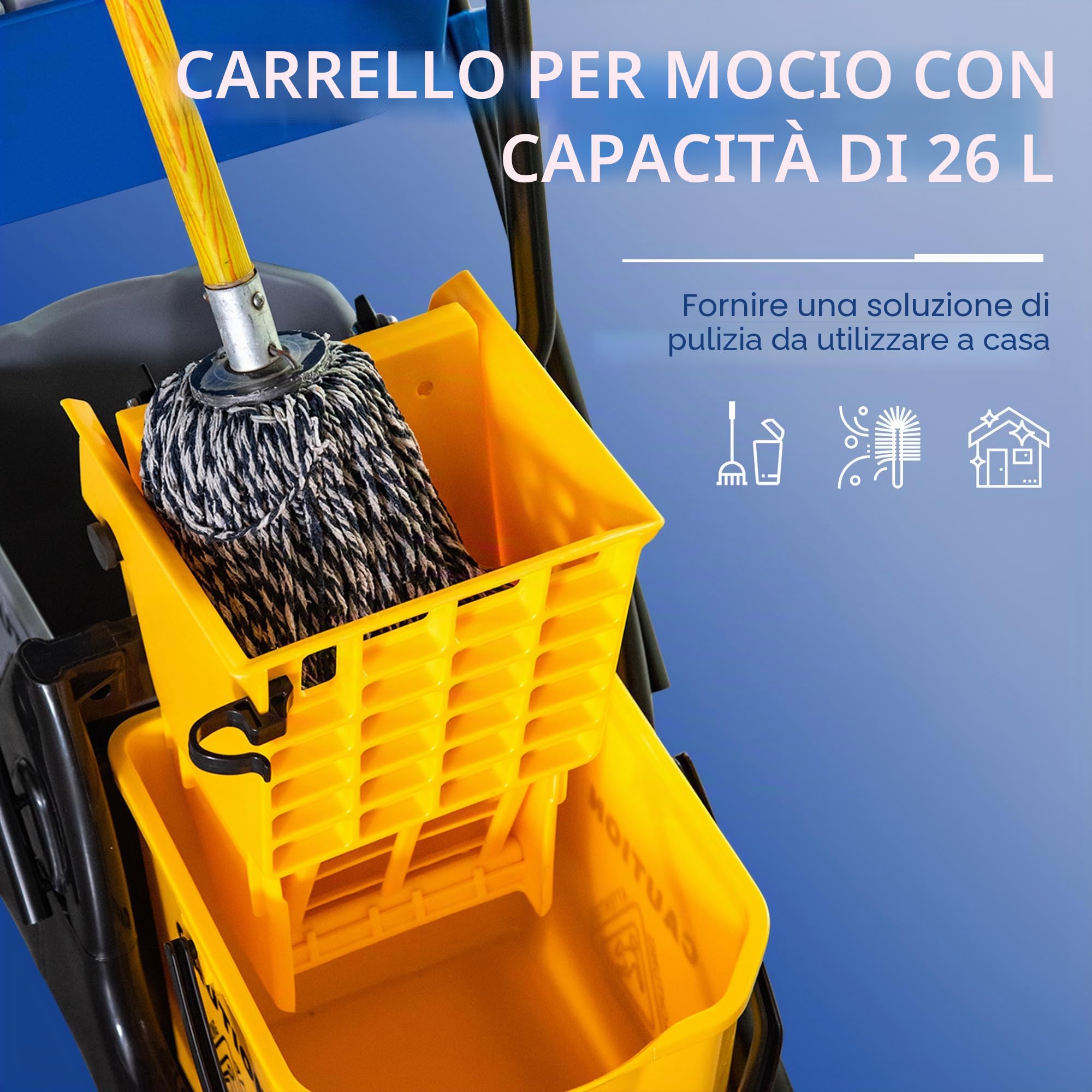HOMCOM Carrello secchio per mocio con strizzatore, doppio secchio, 2x26L