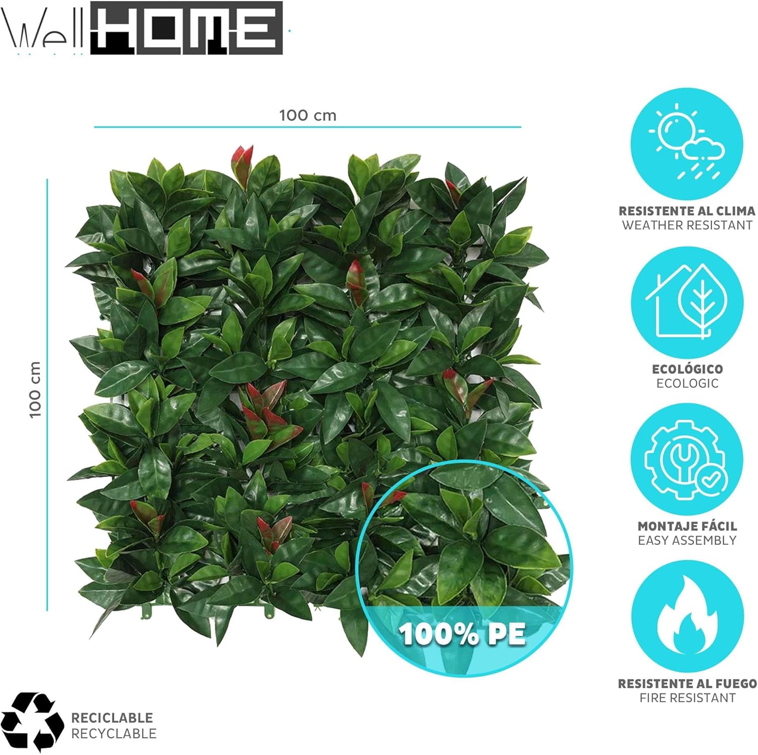 Well Home Artificial Vertical Garden, Hedge Panel 100x100cm, for Indoor and Outdoor Decoration - Realistic Green Leaves with Red Details