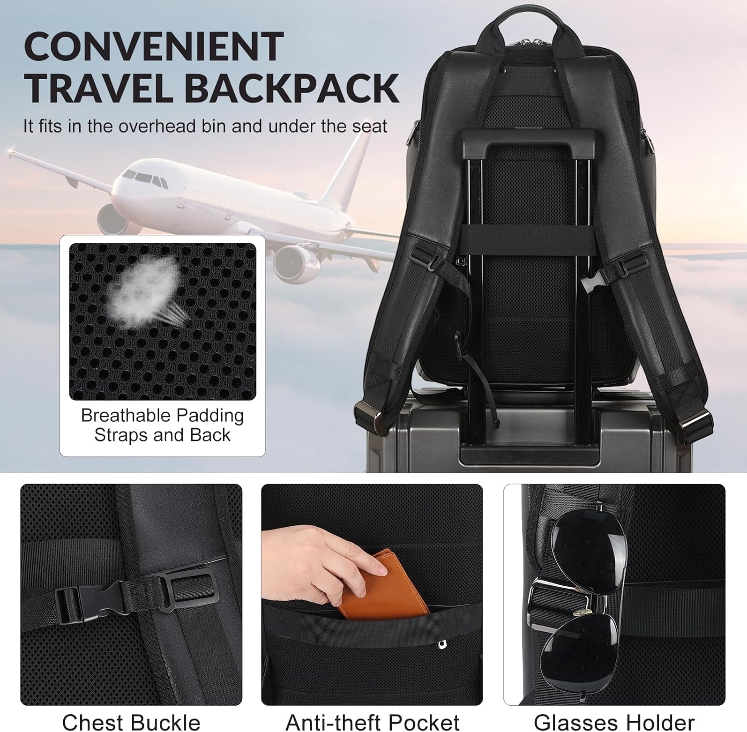 TIDING Men's Leather Laptop Backpack Fits 15.6 Inch Computer, TSA Approved & Water Resistant Work Daypack Business Travel Rucksack, Black - Image 5