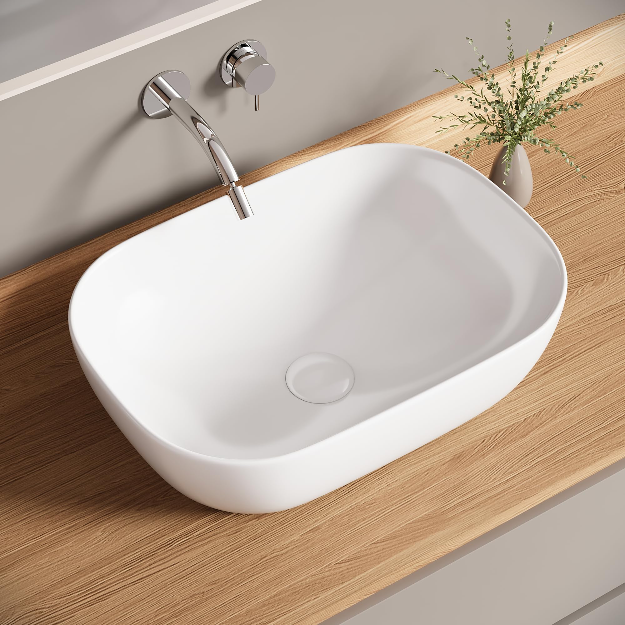 Lavabo sobre Encimera Blanco de Cerámica Lavabo Moderno para Baños de Invitados Restaurante Aseo (46x33.5x13.5 cm)