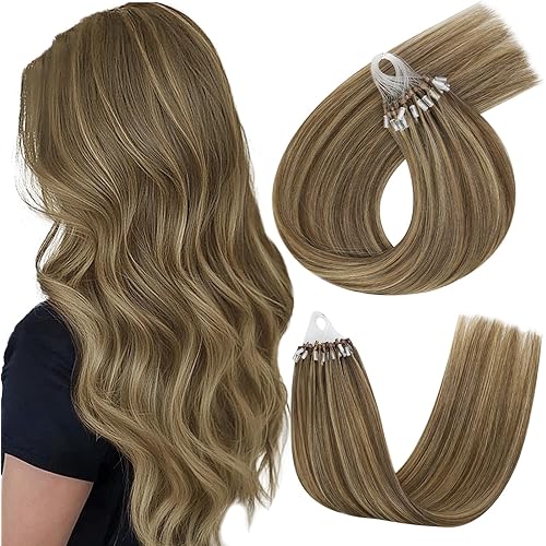 Easyouth Micro Hair Extensions Human Hair Highlight Micro Loop Hair Extensions Highlight Brown and Blonde Micro Beads Hair Extension Add Length and Volume 20 Inch 50g 50s