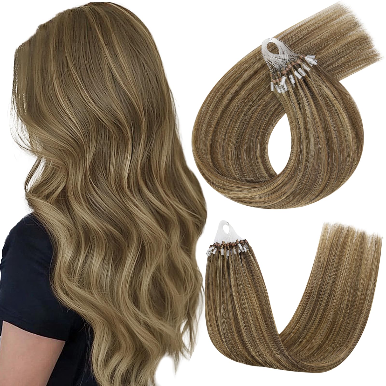 Easyouth Micro Hair Extensions Human Hair Brown Microlink Hair Extensions Human Hair Highlight Medium Brown with Caramel Blonde Micro Bead Hair