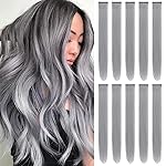 TOFAFA 22 inch Colored Hair Extensions Straight Hairpiece, Multi-colors Party Highlights Clip in Synthetic Hair Extensions for Girls Women Kids Favor Gift(10 PCS Grey)