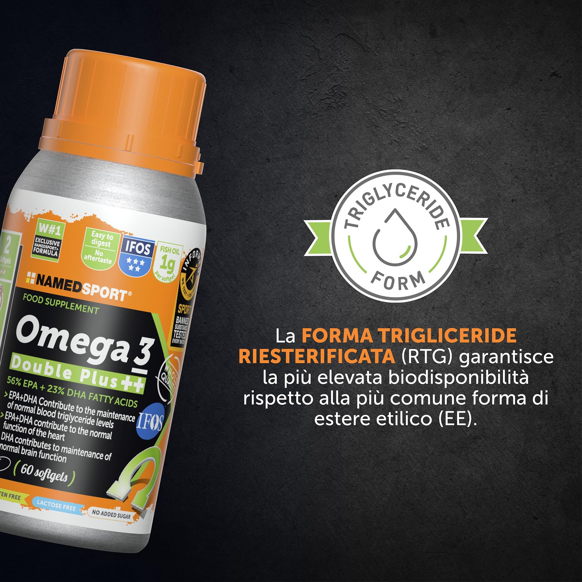 NAMEDSPORT Omega 3 Double Plus | Integratori Omega 3 Alta Concentrazione EPA + DHA da Olio di Pesce Purificato | Certificato | Supporto per Cuore, Cervello, Vista | 90 Softgel 2 Confezioni (30+60)