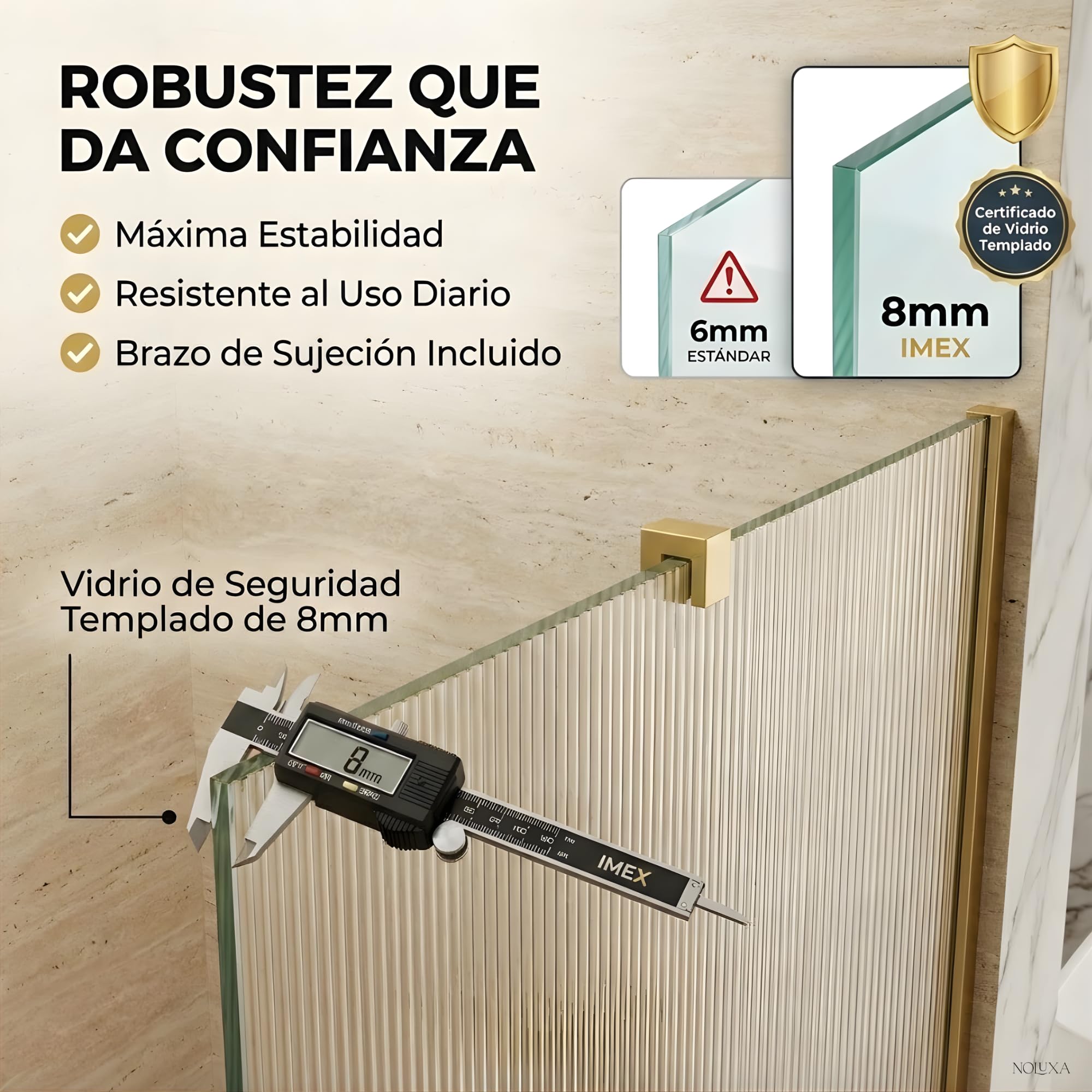 IMEX - Mampara Ducha Fija Dorada 80cm Frontal con Brazo de Sujeción | Mampara de Cristal Antical y Perfilería de Aluminio con 200cm de Altura | Vidrio con Grosor 8mm y Sistema de Montaje Fácil