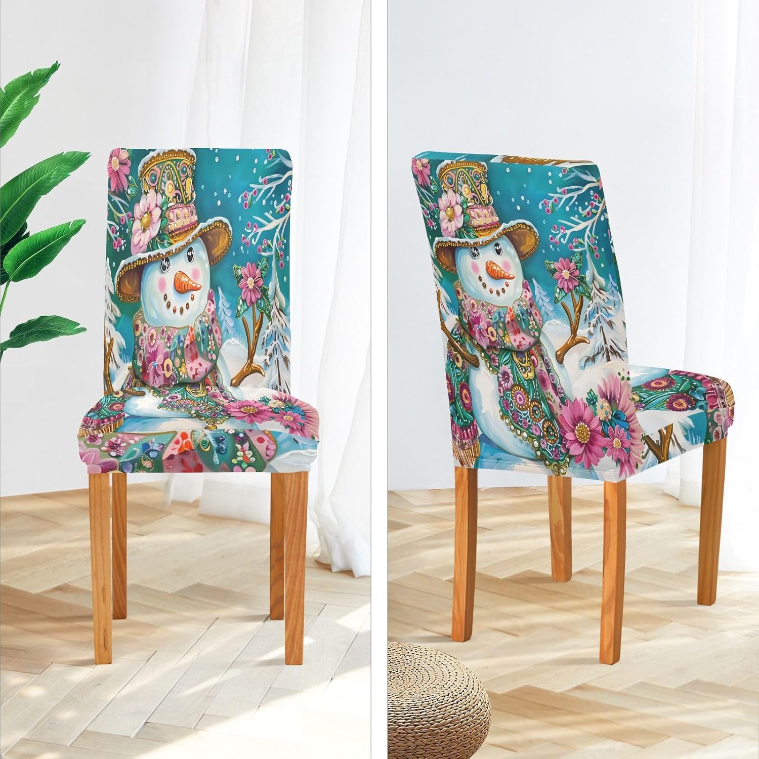 ALAZA Chair Covers for Dining Room, Cute Snowman Fancy Hat Stretch Chair Cover Sets Chair Protector Removable Washable for Ktichen Restaurant Hotel