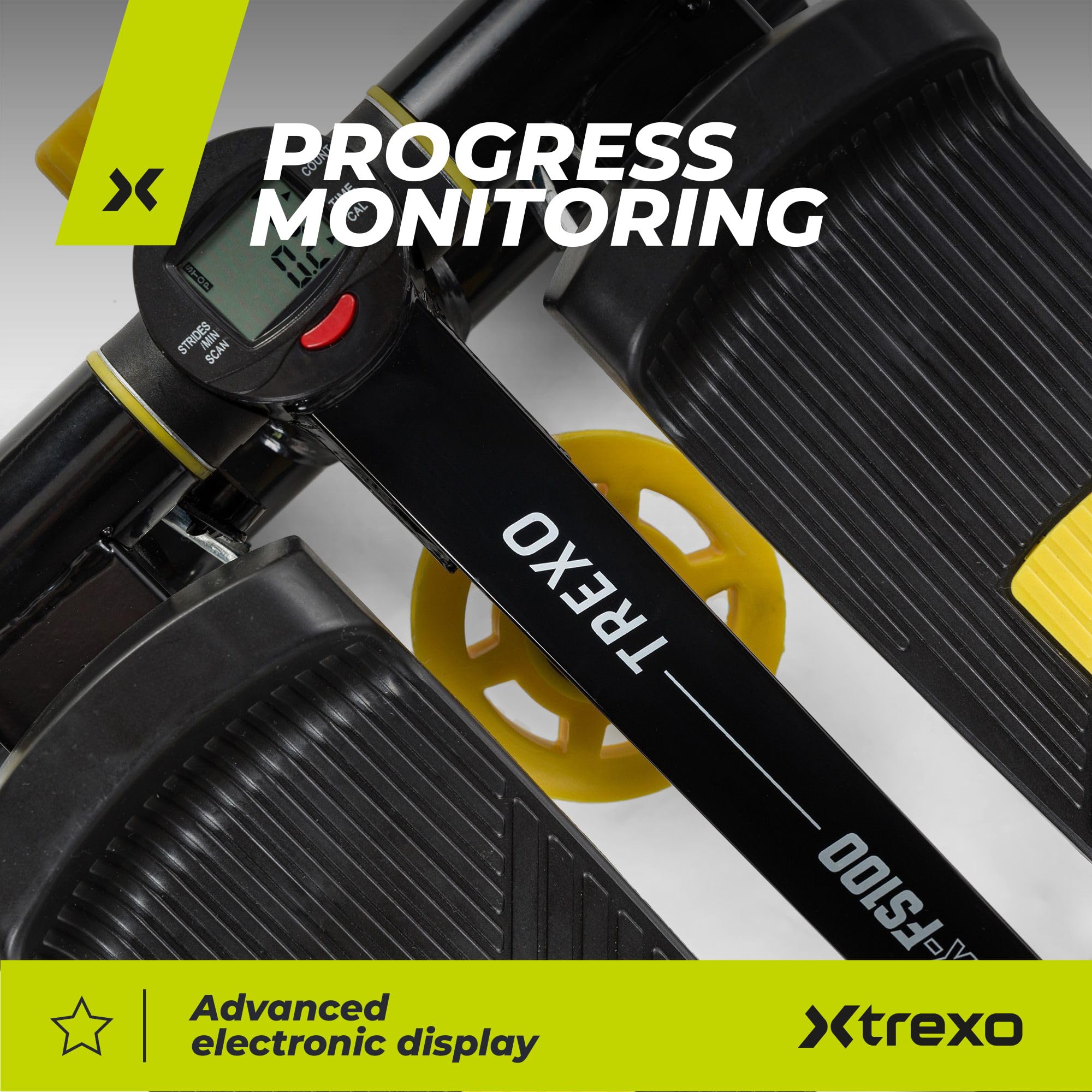 TREXO Stepper para Entrenamiento en casa Fitness Cardio Altura de los Pedales y Resistencia Ajustables Pantalla Fácil de Leer Cables Resistentes Capacidad de Carga hasta 100 kg Negro/Amarillo